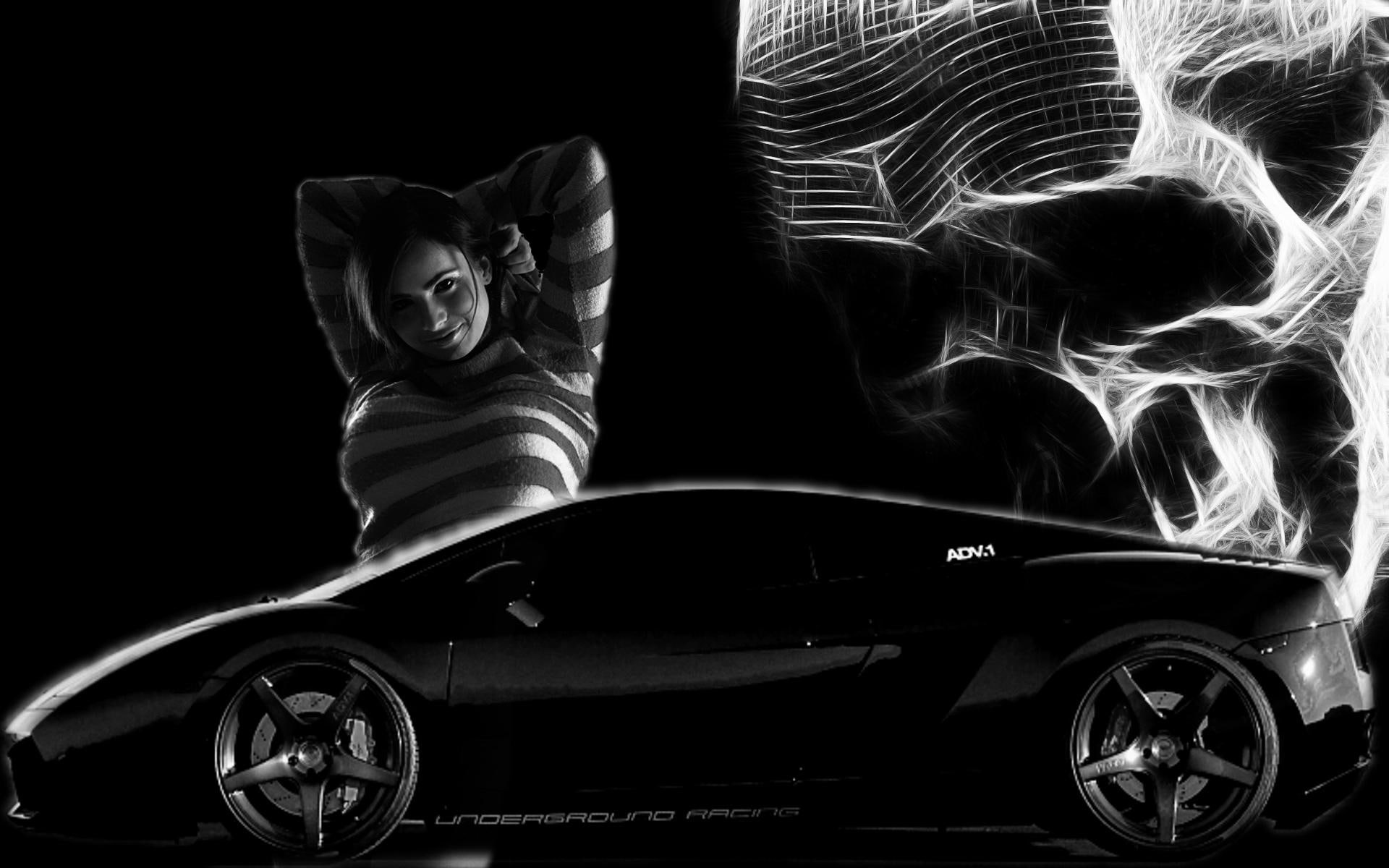 lambo, black and white, girls, black, skulls, girls and car, white, lamborghinni, cars, 1080P, HD Wallpaper