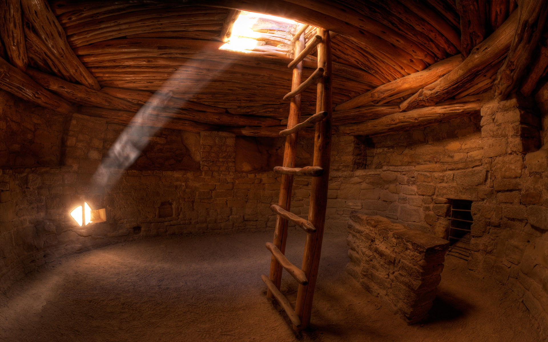 creative, traces, rays of light, ladder, cave, sand, the sun, wall, 1080P, HD Wallpaper