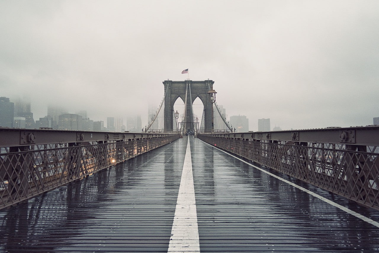 direction, building exterior, no people, transportation, city, sky, connection, water, fog, bridge, bridge - man made structure, cloud - sky, New York City, HD Wallpaper