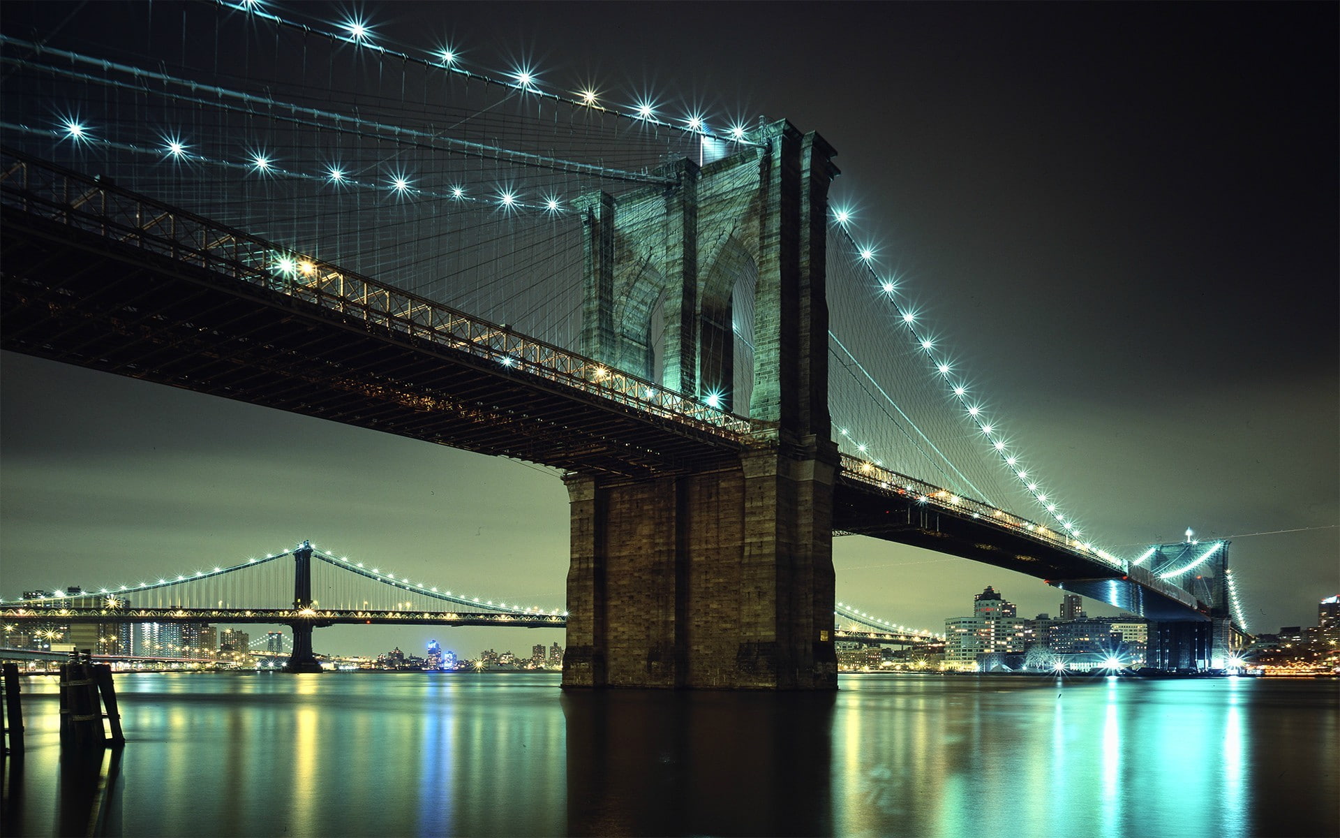 Brooklyn Bridge, low angle view, built structure, city, bay, connection, travel destinations, river, water, suspension bridge, light, travel, illuminated, HD Wallpaper
