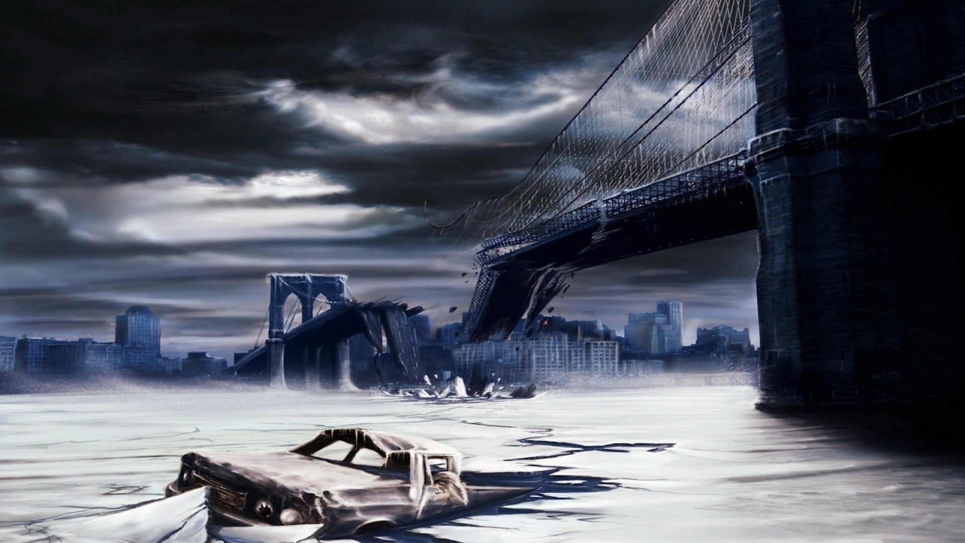 outdoors, architecture, apocalyptic, city, building exterior, Brooklyn Bridge, water, bridge, modern, office building exterior, landscape, building, skyscraper, HD Wallpaper