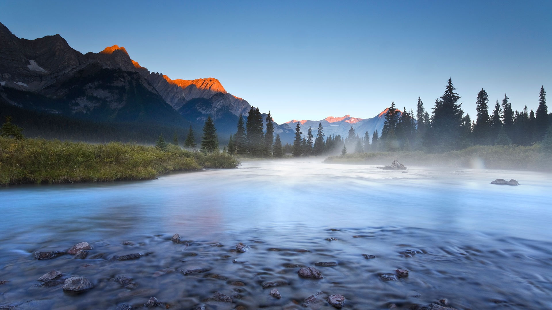 outdoors, flowing, idyllic, river, power in nature, rock, tranquility, elk, mountain, mountain range, day, beauty in nature, canada, 1080P, no people, HD Wallpaper