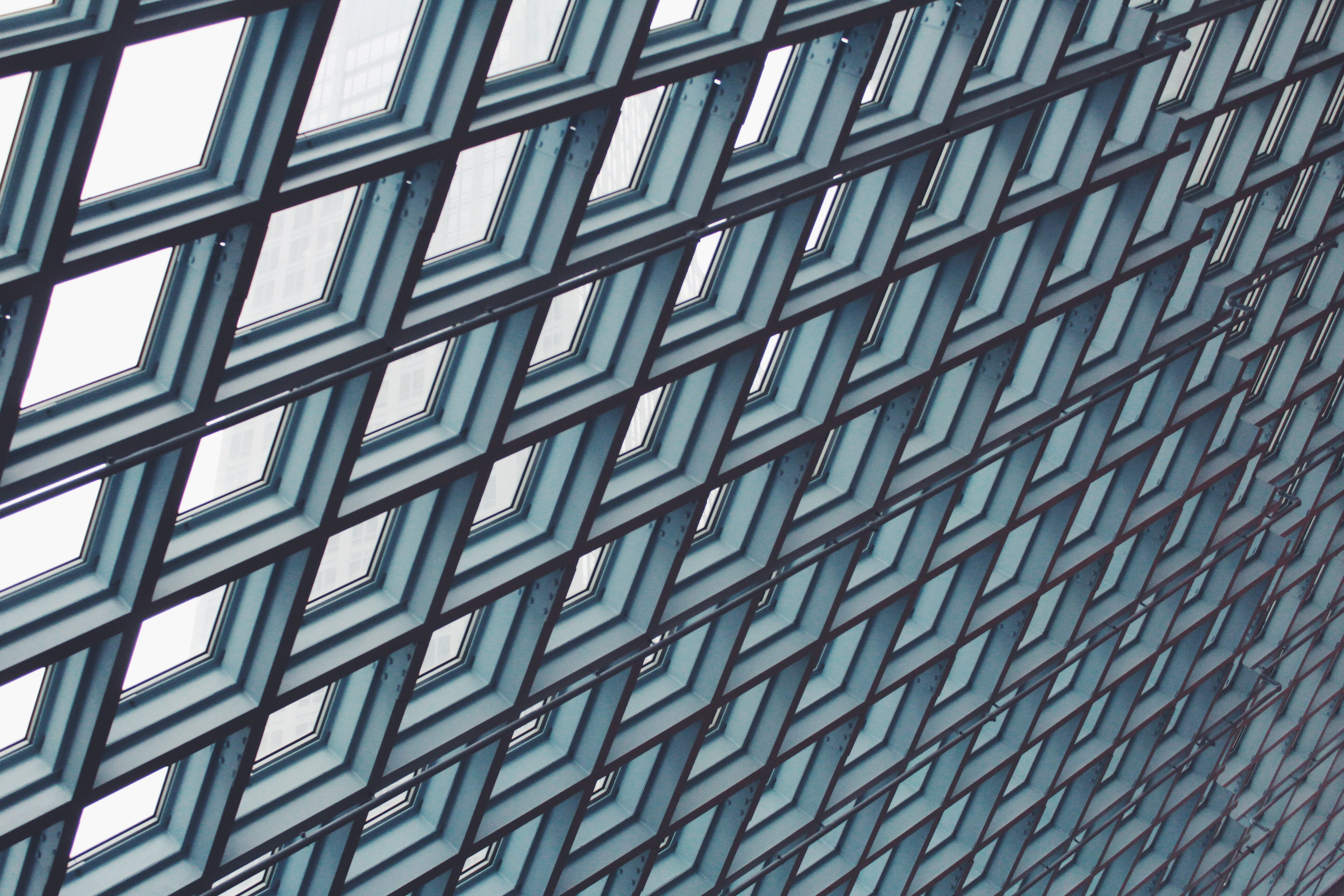 geometric shape, teal, glass - material, ceilings, window, office building exterior, full frame, shape, low angle view, building, illustration, white, architecture, HD Wallpaper