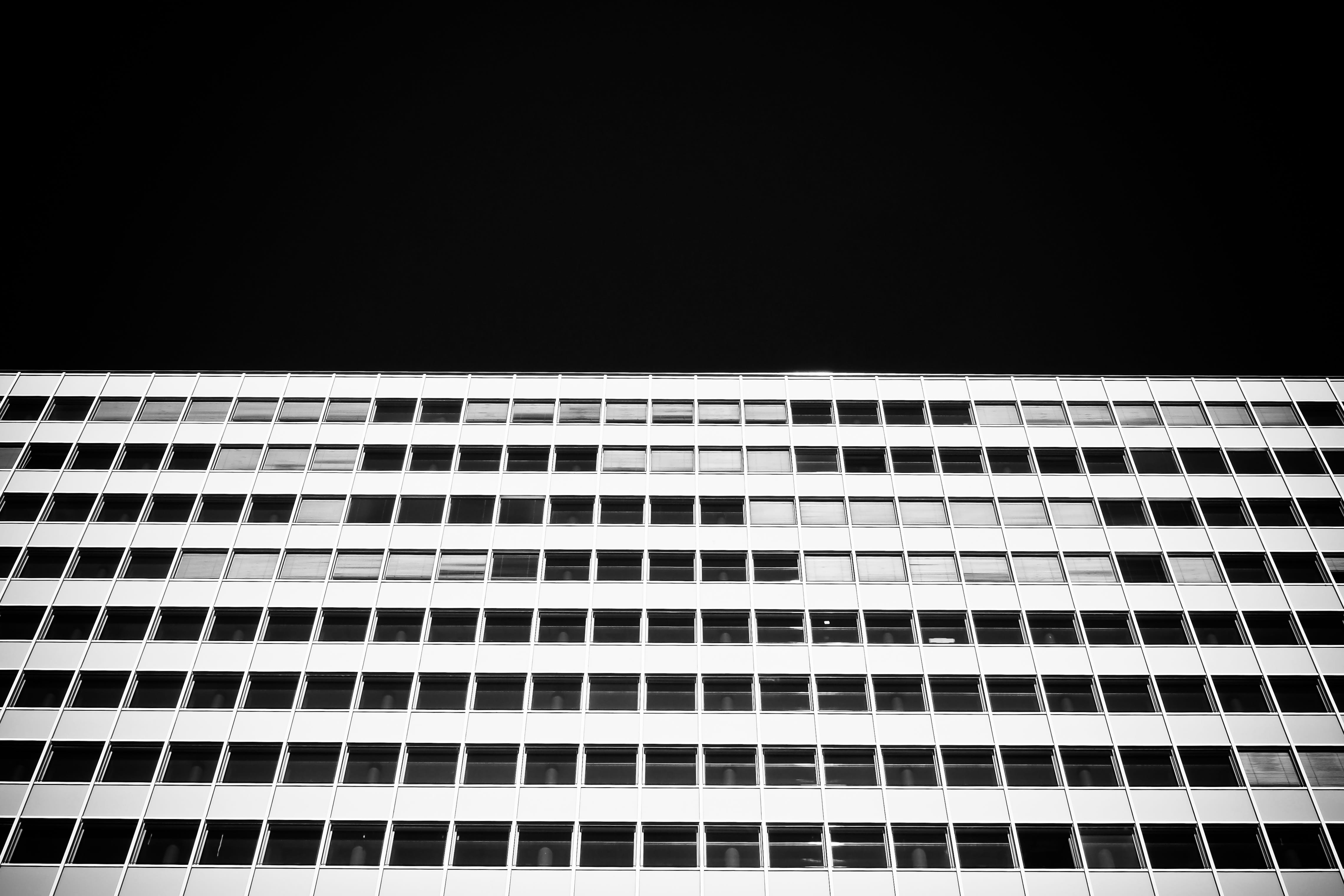Architecture, abstract, built structure, nature, office building exterior, Building, high, technology, black white, 4K, pattern, repetition, low, facade, HD Wallpaper