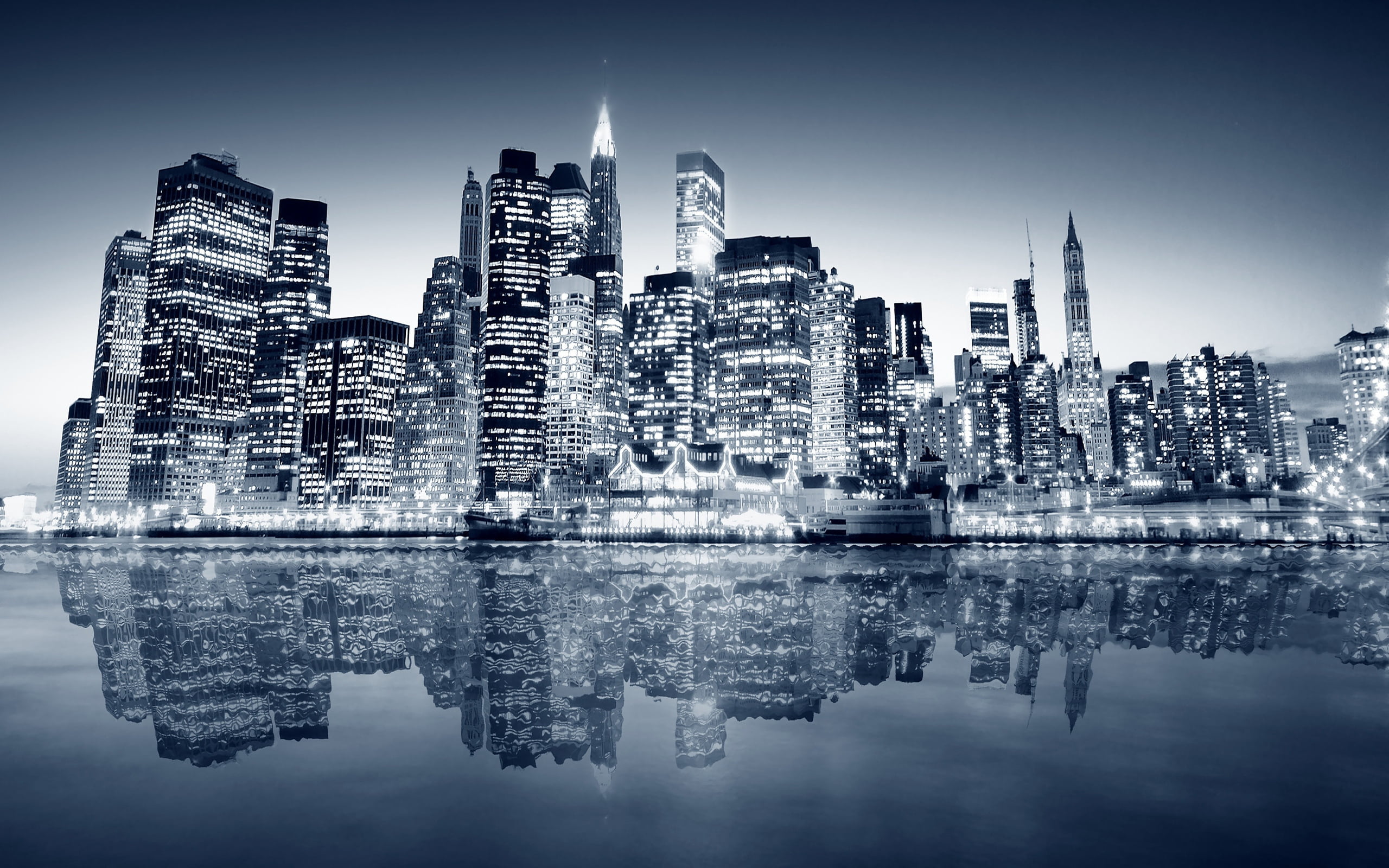 monochrome, water, manhattan - New York City, new york, digital composite, river, architecture, building, built Structure, no People, black And White, office building exterior, HD Wallpaper