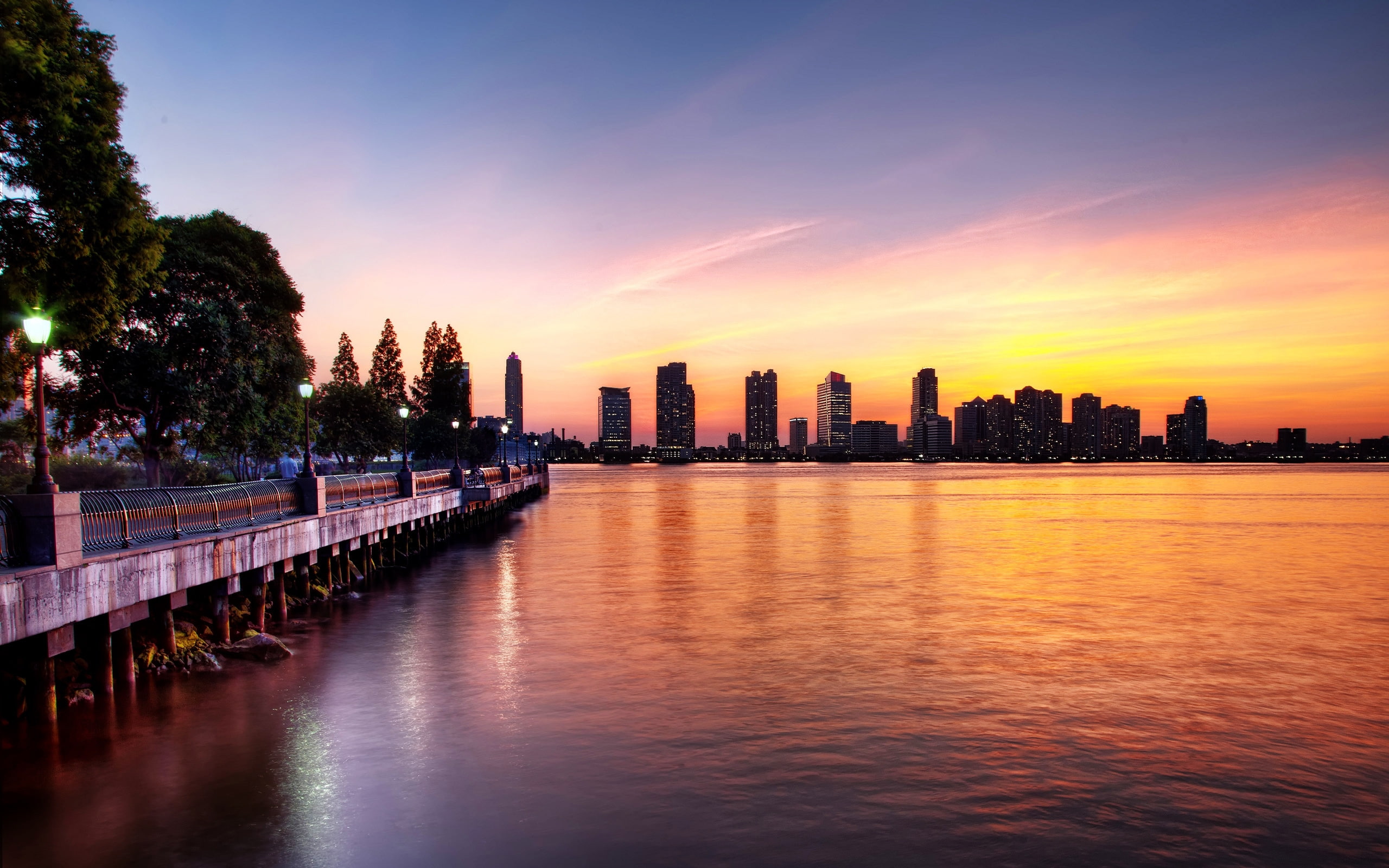 usa, sunset, buildings, summer, 2K, silhouette, new, hudson river, york, high, rise, sky, HD Wallpaper