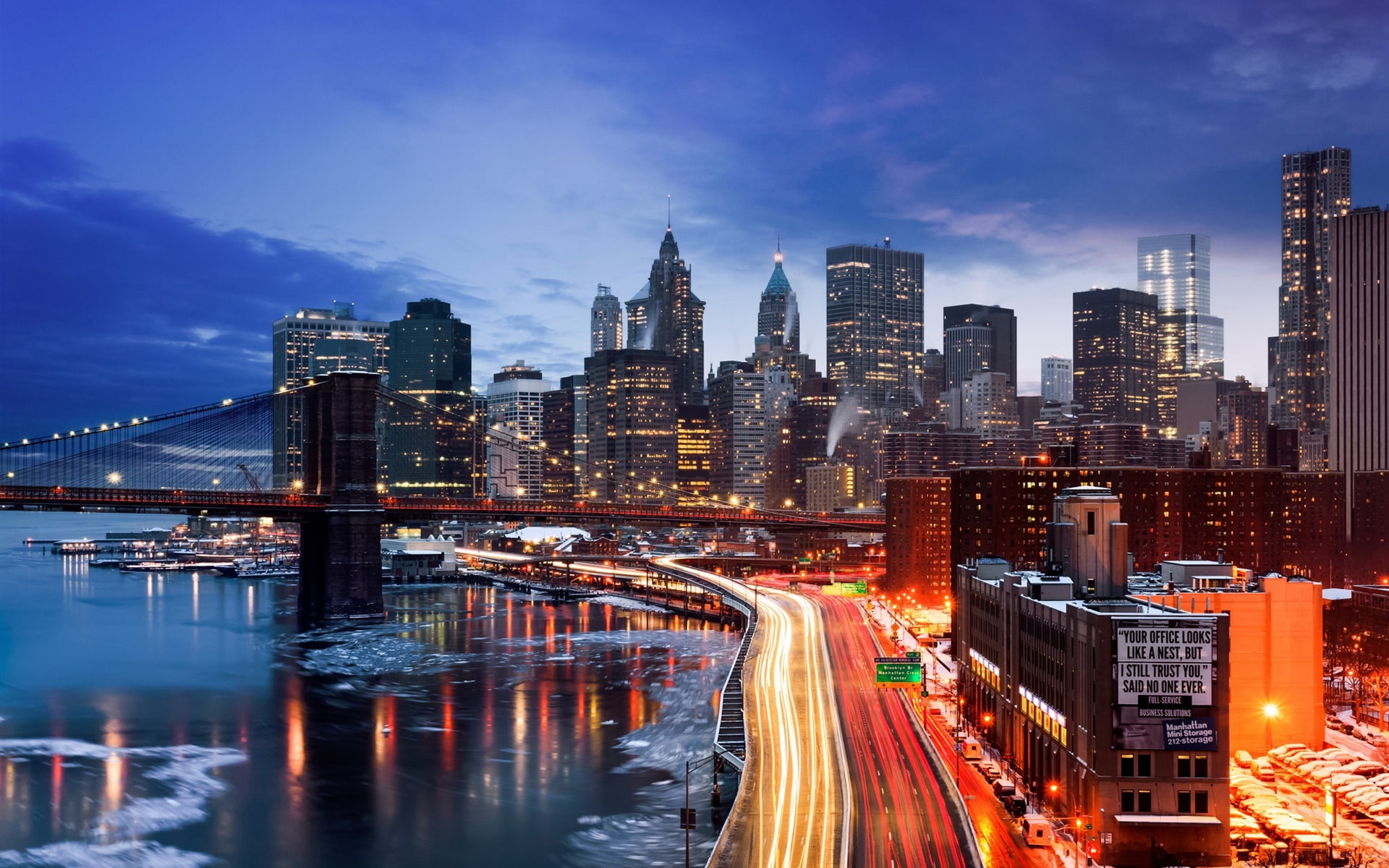 Bridge, USA, Lights, New, Winter, 1080P, York, Houses, Roads, Evening, Manhattan, HD Wallpaper