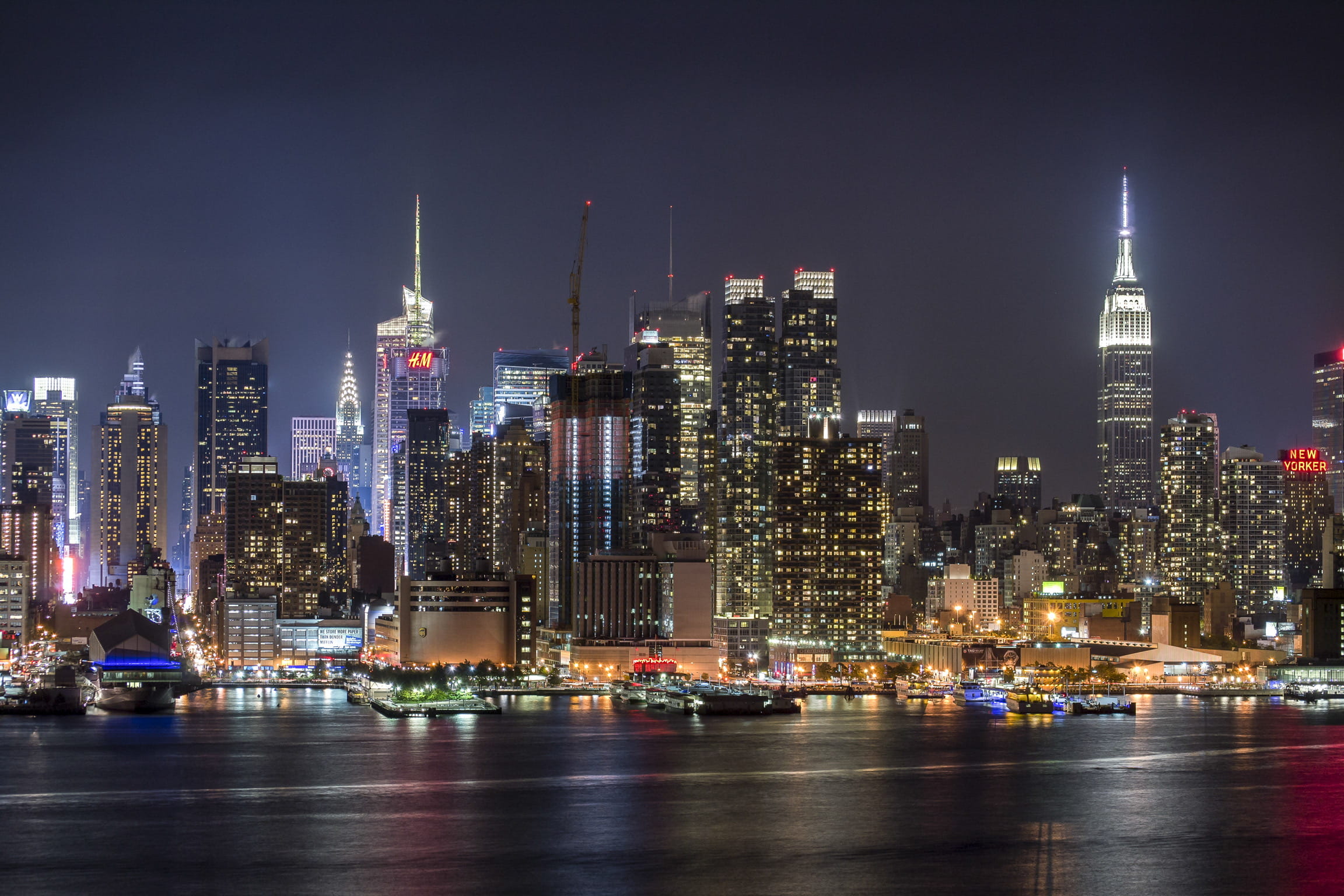 night, urban skyline, spire, harbor, building exterior, tall - high, travel destinations, new york city, skyscraper, outdoors, illuminated, modern, buildings, HD Wallpaper