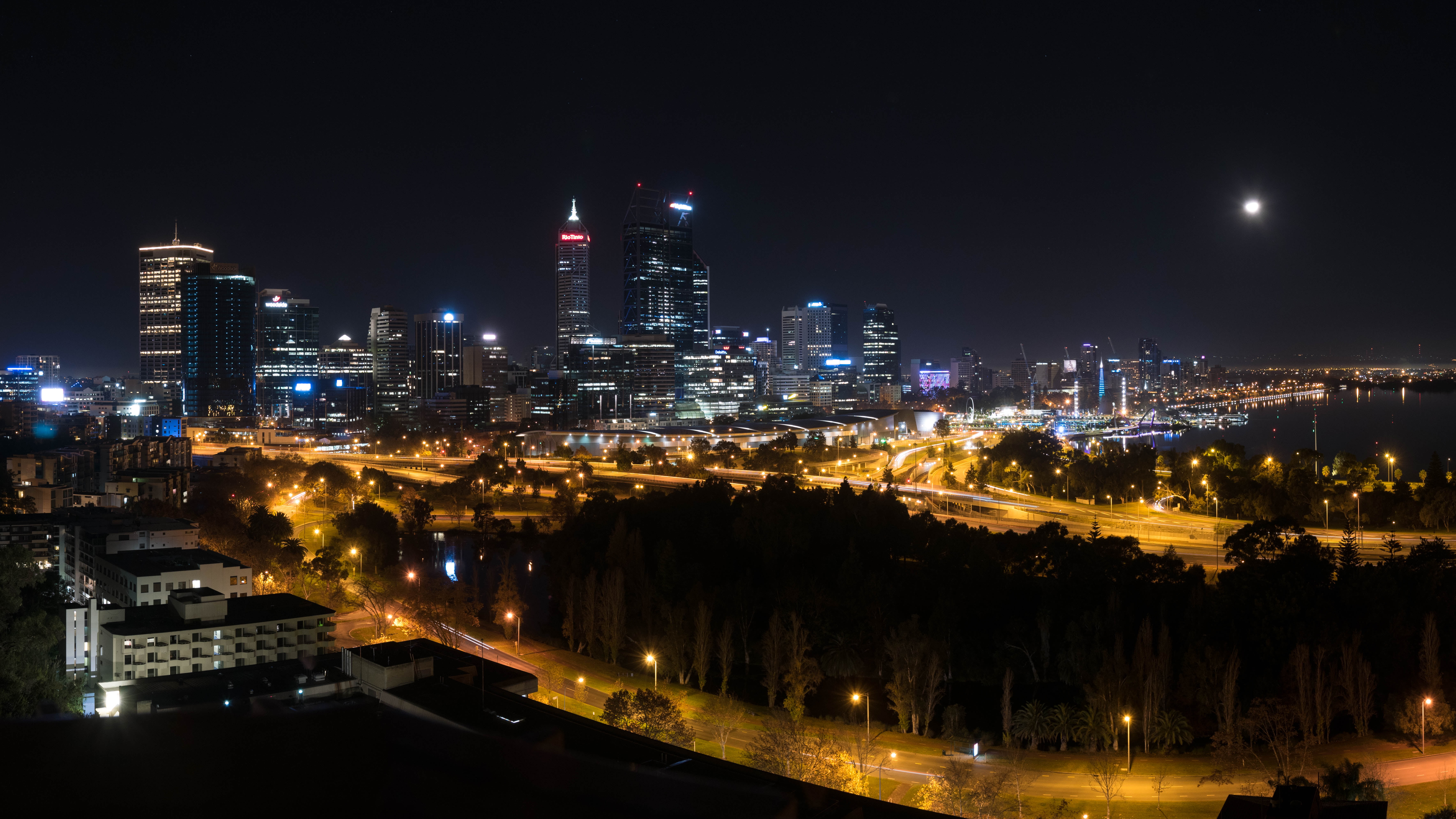 traffic, no people, building, cityscape, night, skyscraper, sunset, architecture, dark, building Exterior, perth, city, australia, night city, street, blue, HD Wallpaper