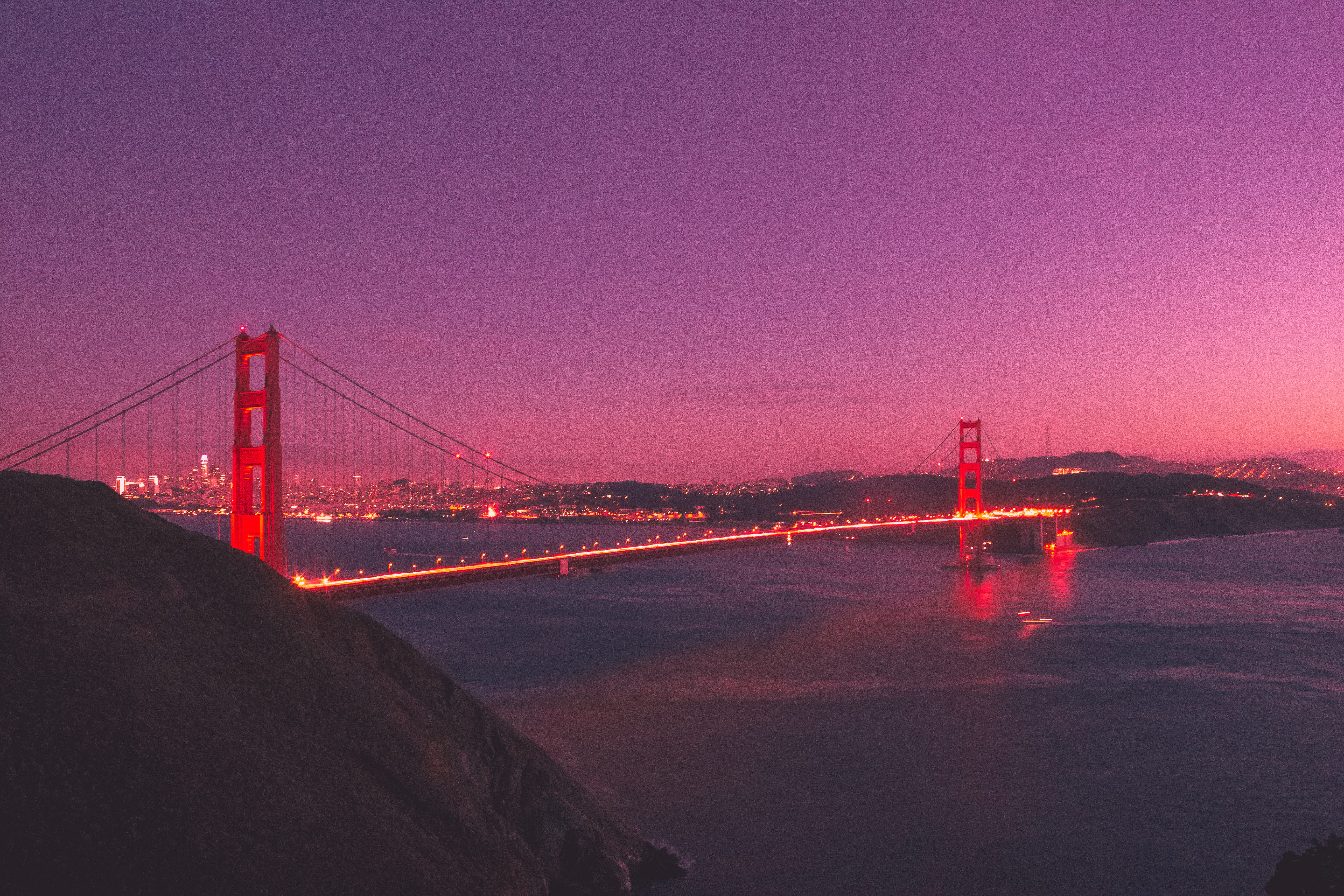 travel destinations, evening, illuminated, outdoors, bridge - man made structure, sea, golden, architecture, bridge, sky, san francisco, suspension bridge, HD Wallpaper