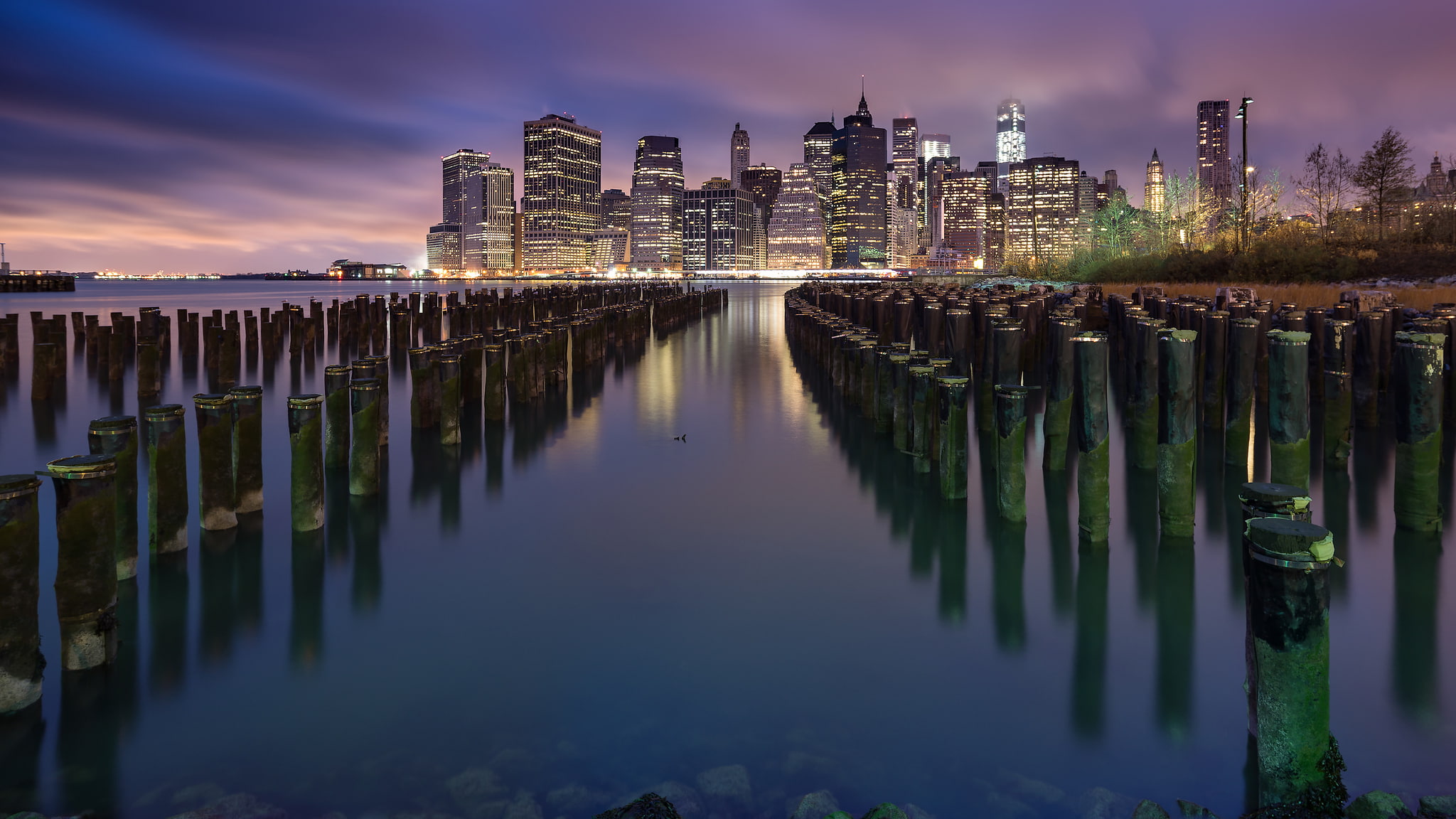 lights, 1080P, New York, river, the city, Brooklyn Bridge Park, Lower Manhattan, building, USA, skyscrapers, East River, the evening, HD Wallpaper