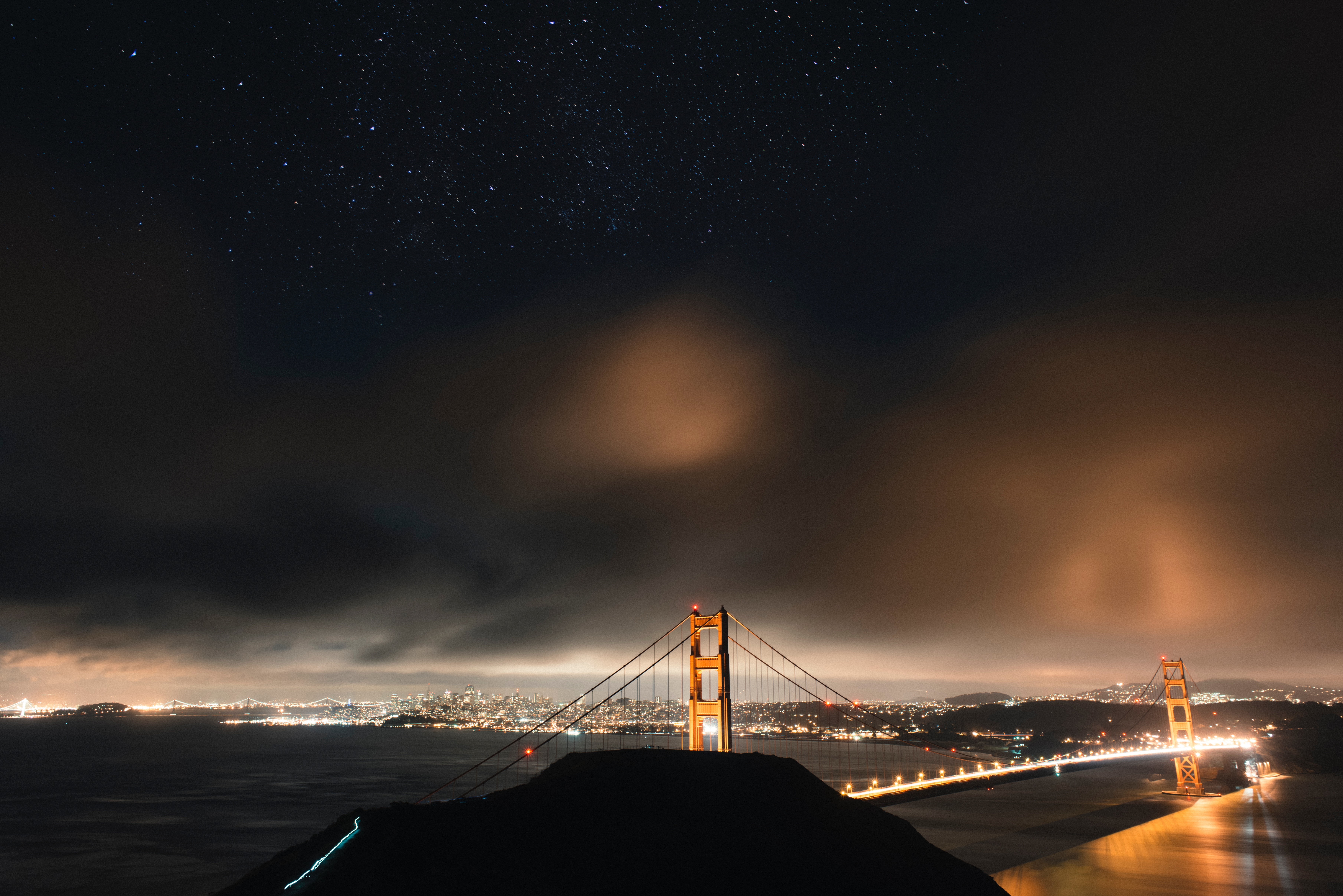 clouds, transportation, brown, sky, suspension bridge, night city, bay, cityscape, sea, city, san francisco, usa, outdoors, long exposure, built structure, HD Wallpaper