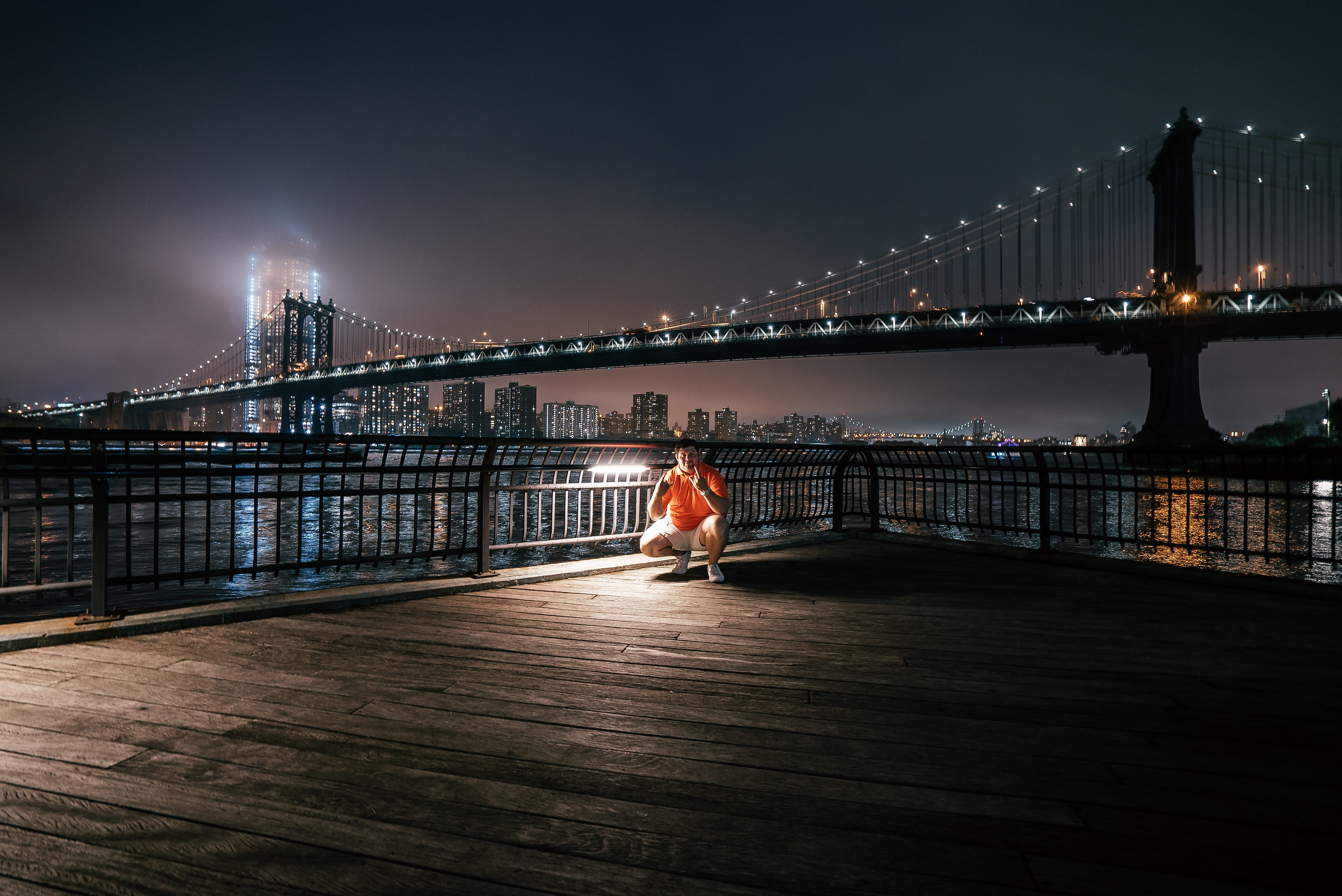 architecture, man, suspension, barrier, sky, 4K, night, one person, travel destinations, photography, lights, building exterior, dock, connection, bridge, HD Wallpaper