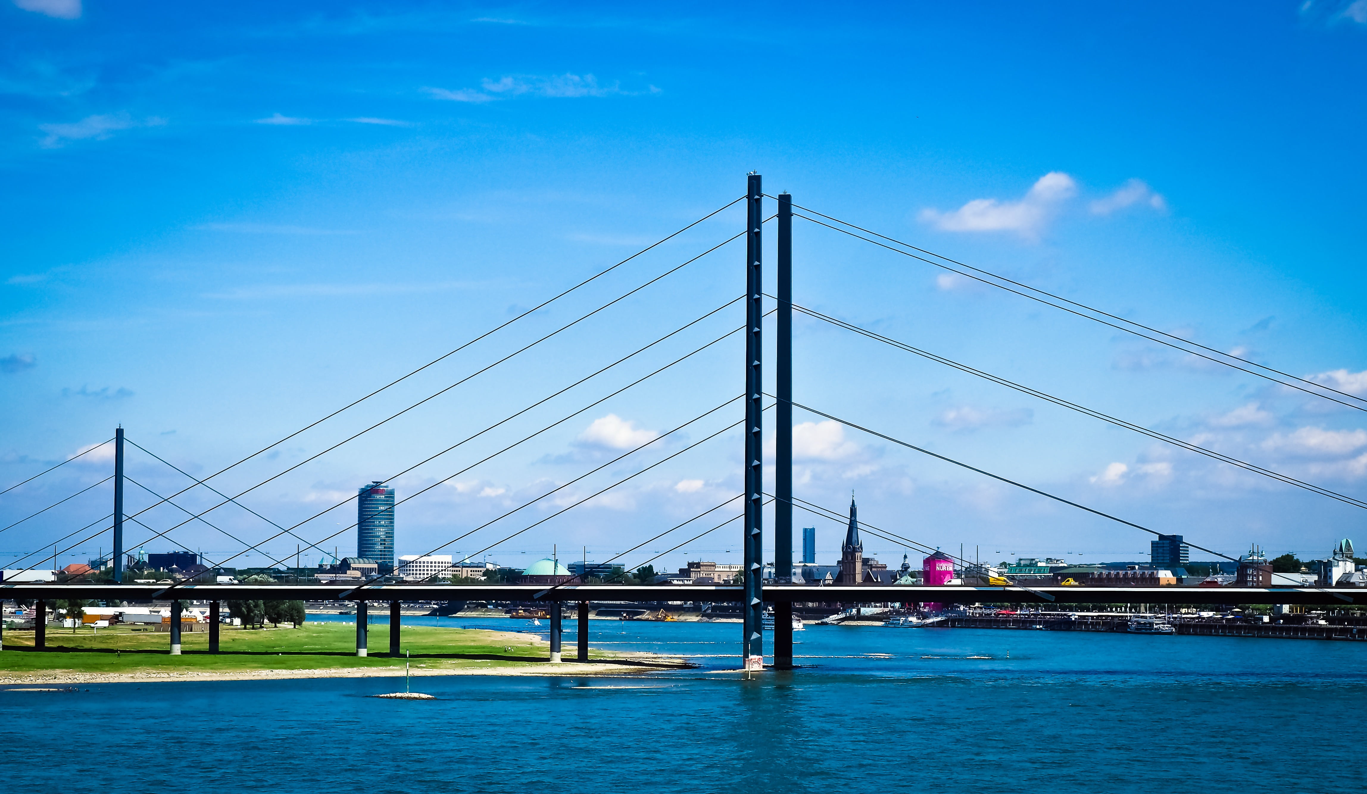 4K, bridge - man made structure, built structure, urban, blue, river, ropes, rheinbrücke, bridge construction, crossing, full, water, nature, daytime, HD Wallpaper