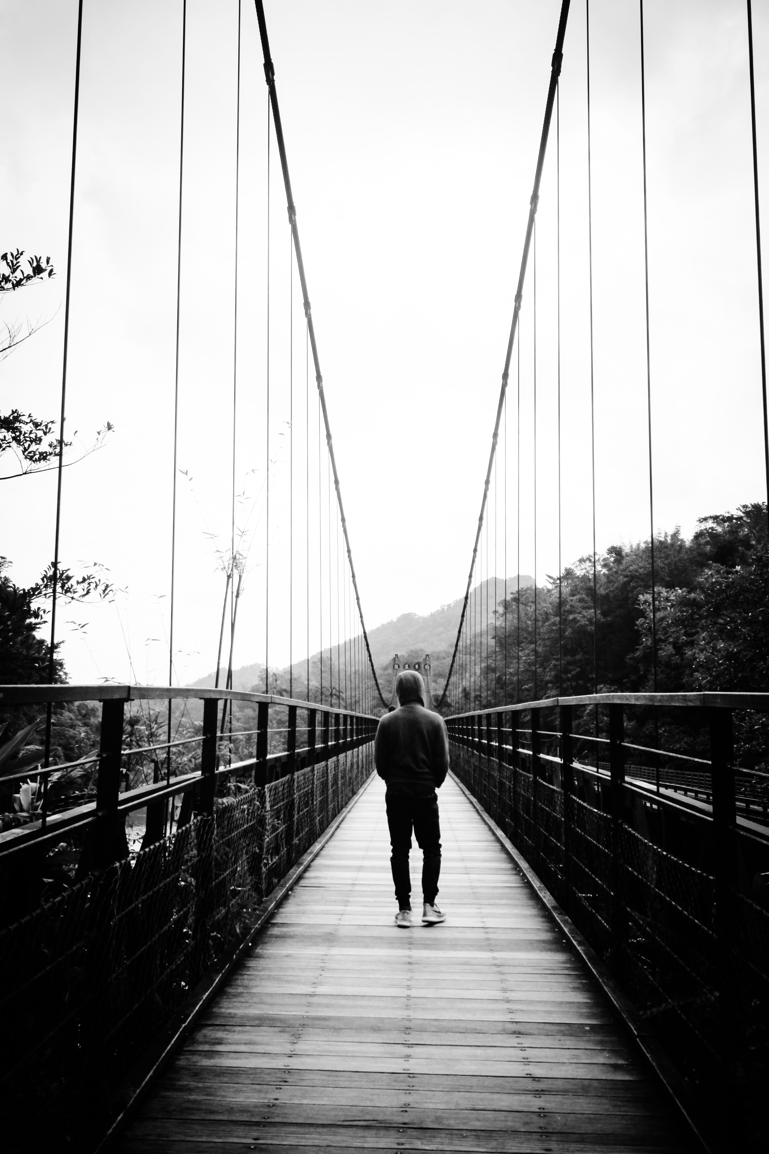 hoodie, outdoors, railing, engineering, rear view, the way forward, suspension bridge, man, 4K, real people, nature, sky, connection, lifestyles, built structure, Phone HD Wallpaper