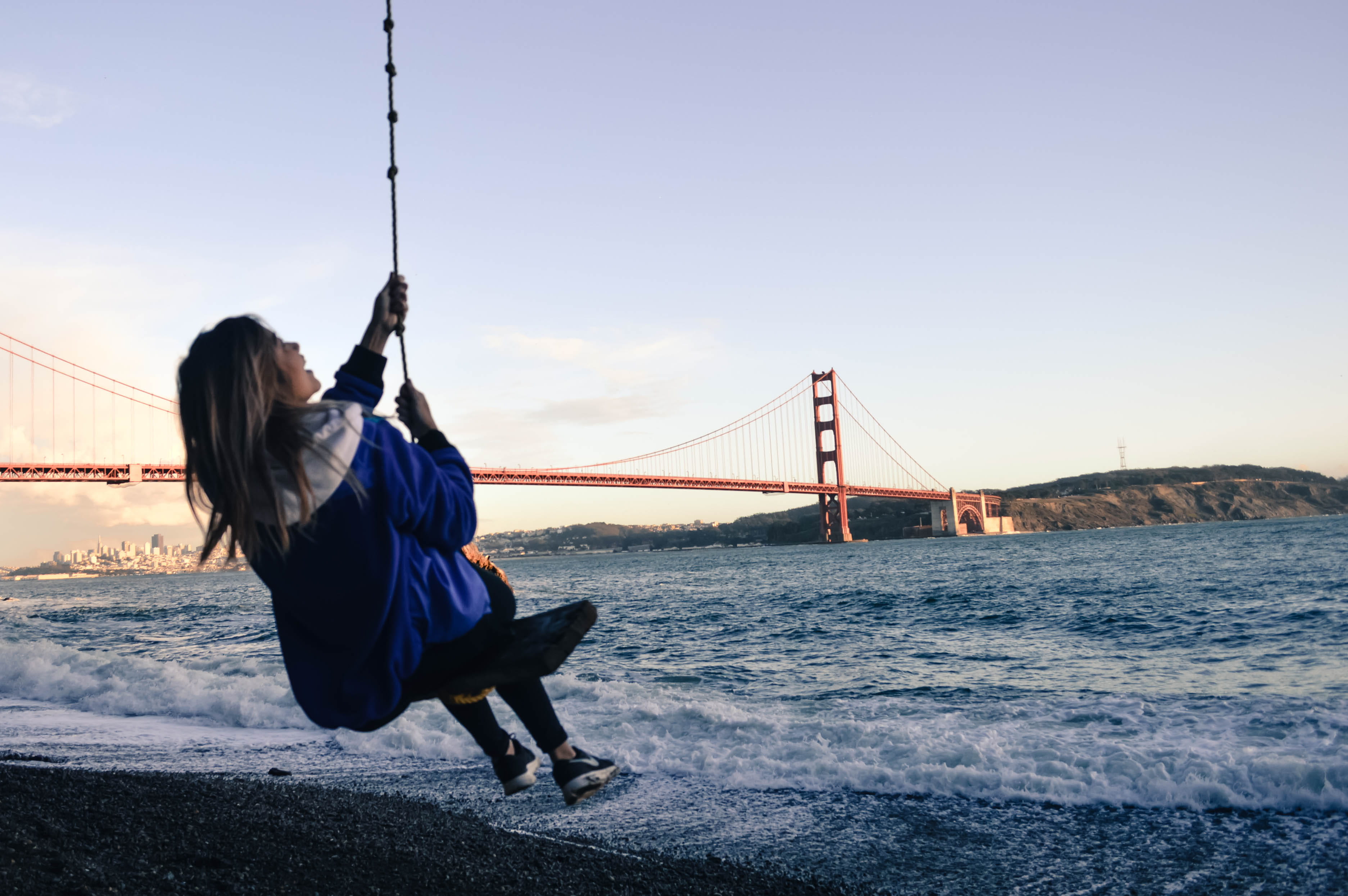 bridge, full length, clear sky, bay, fall, bridge - man made structure, transportation, one person, golden gate bridge, ocean, water, 2K, sunlight, outdoors, HD Wallpaper