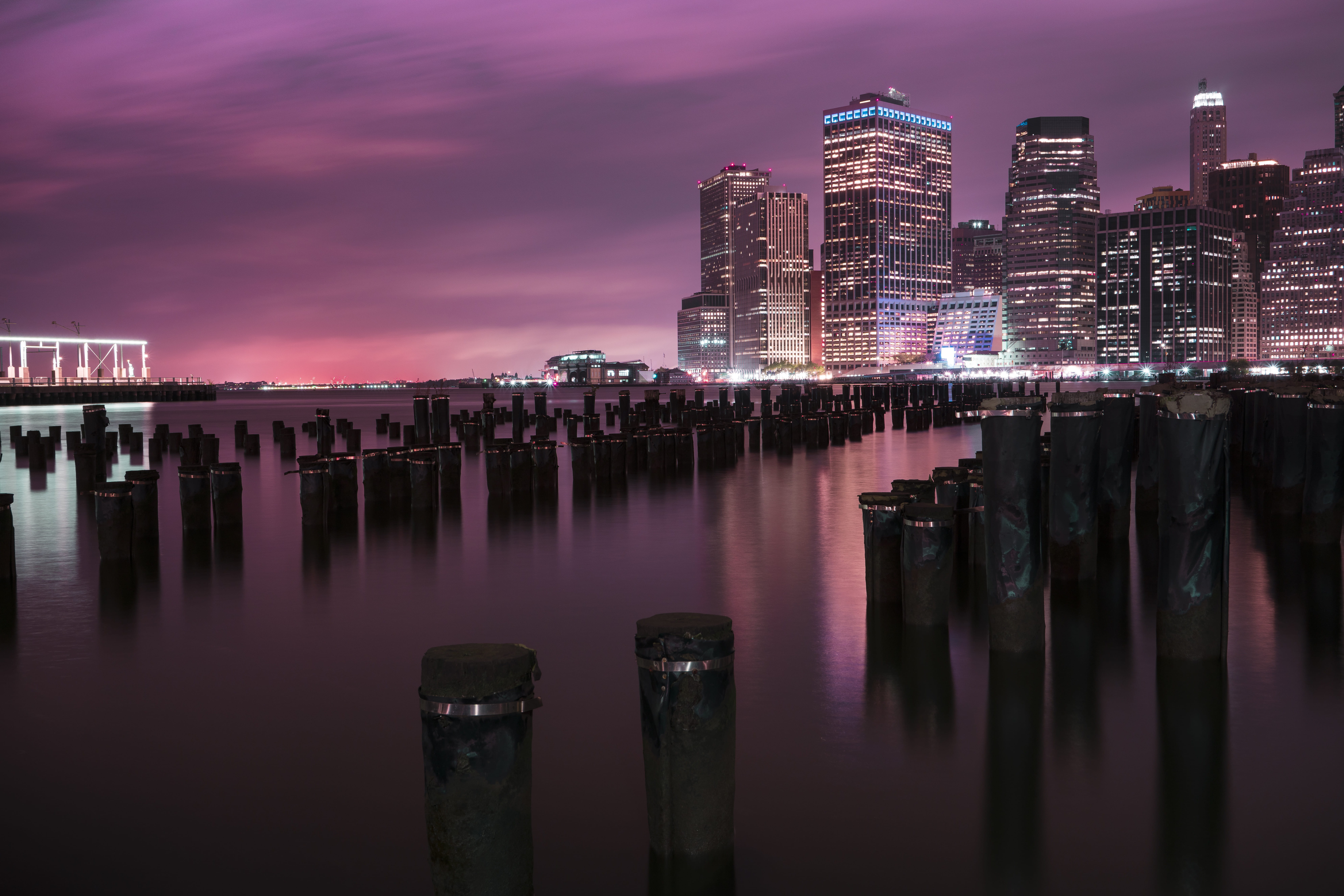 water, architecture, landscape, post, skyscraper, skyline, night, building exterior, no people, modern, urban skyline, building, color, illuminated, east river, HD Wallpaper