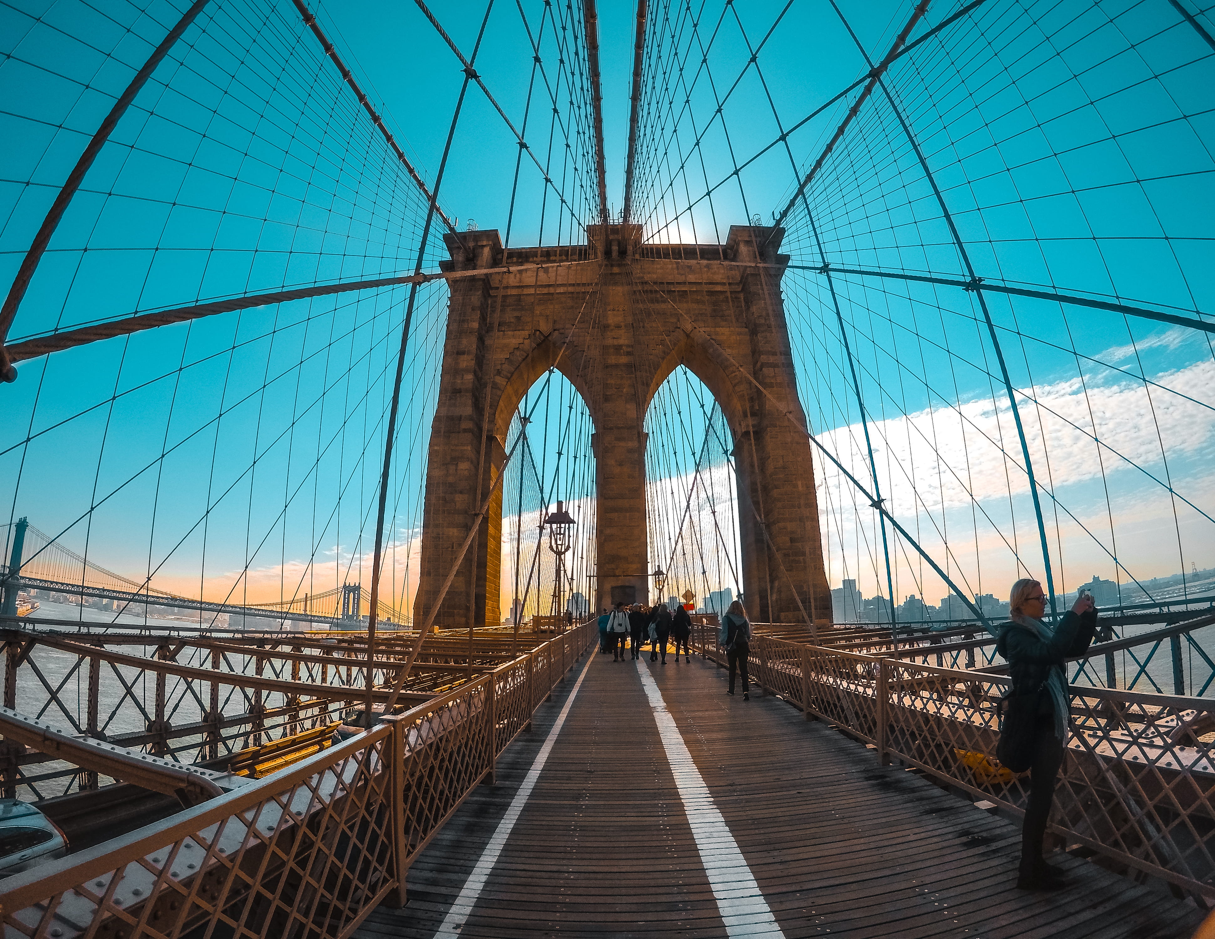 people, nature, incidental people, eye, crossing, architecture, transportation, sky, crowd, outdoors, bridge, nyc, clouds, direction, brooklyn, walking, HD Wallpaper