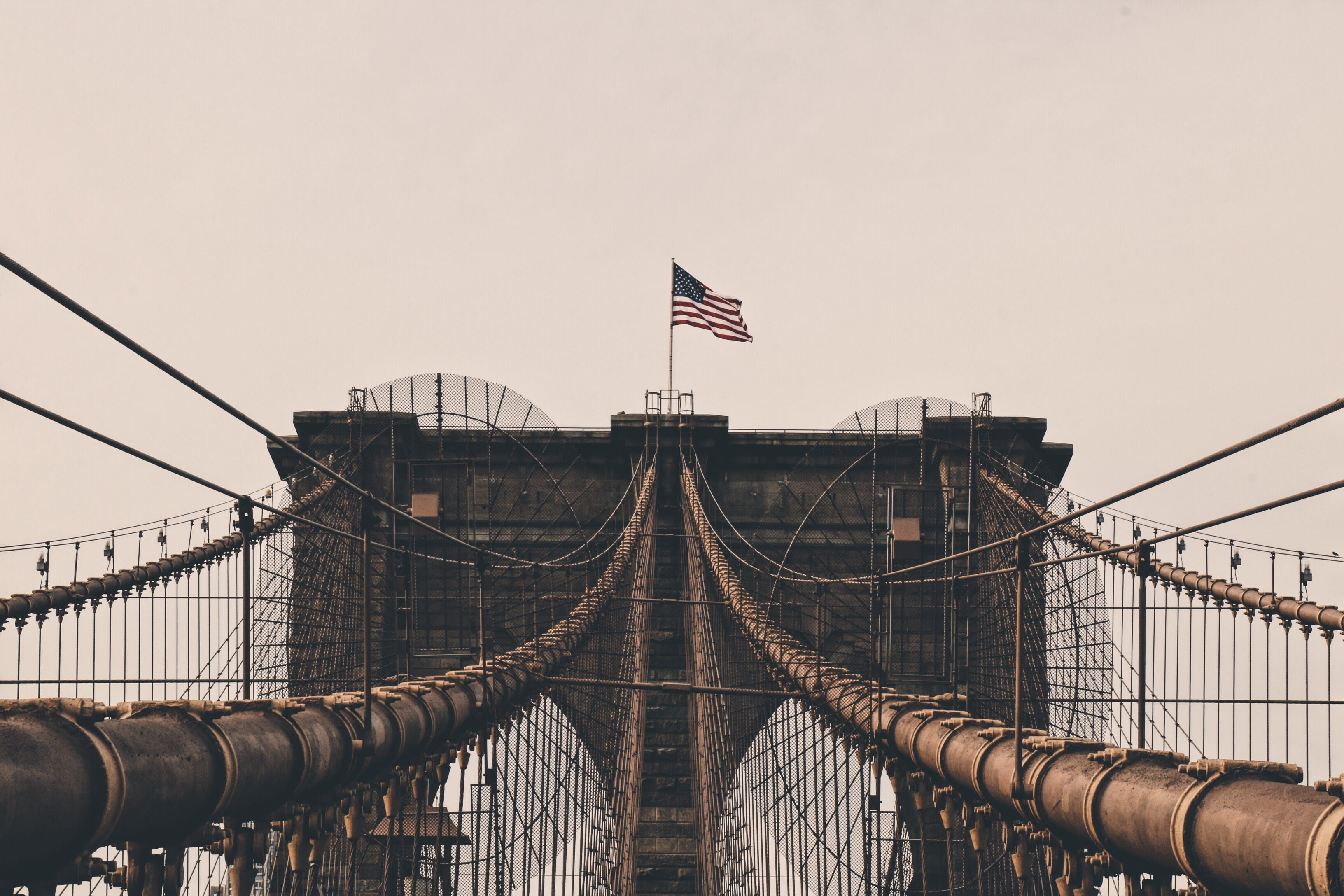 brooklyn bridge, new york city, outdoors, connection, tourism, brooklyn, flag, travel, bridge, independence, no people, patriotism, new york, national icon, HD Wallpaper