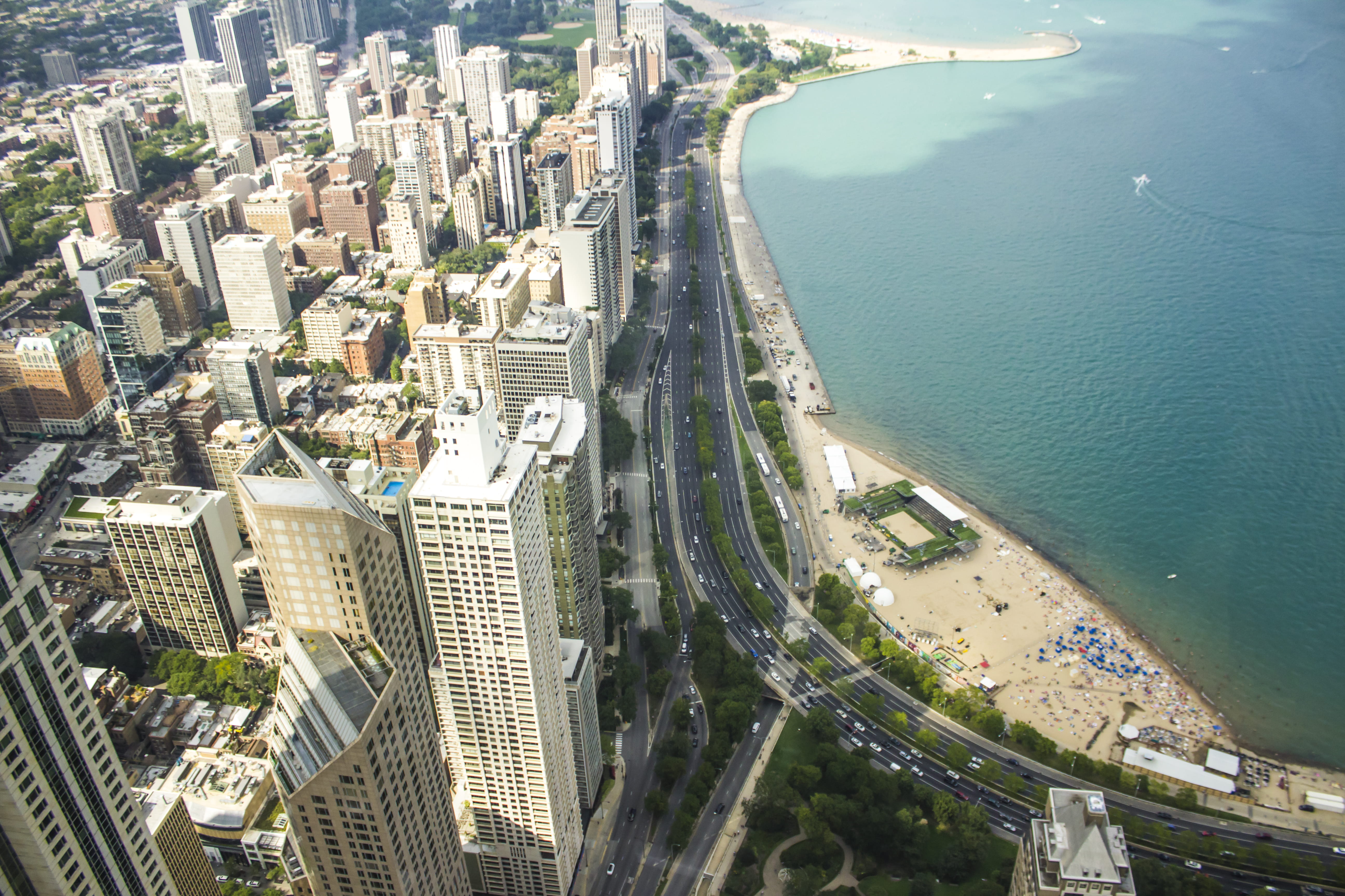 beach, willis tower, united states, 360 chicago, city, skyscraper, sea, sears tower, john hancock tower, building exterior, aerial view, lake, sky, john hancock, HD Wallpaper