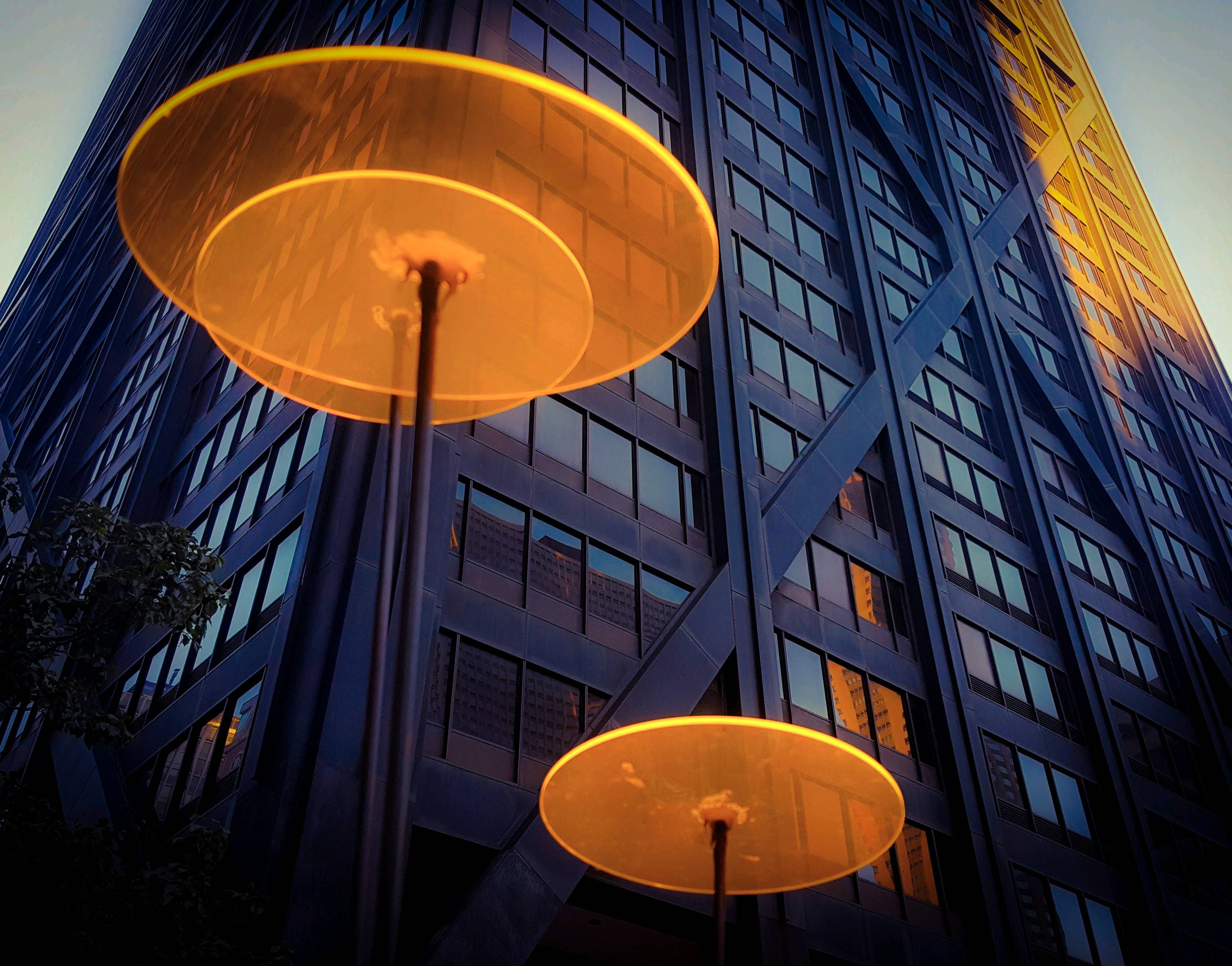 architecture, outdoors, glass - material, illinois, window, john hancock center, circles, office, orange color, yellow, nature, orange, office building exterior, HD Wallpaper
