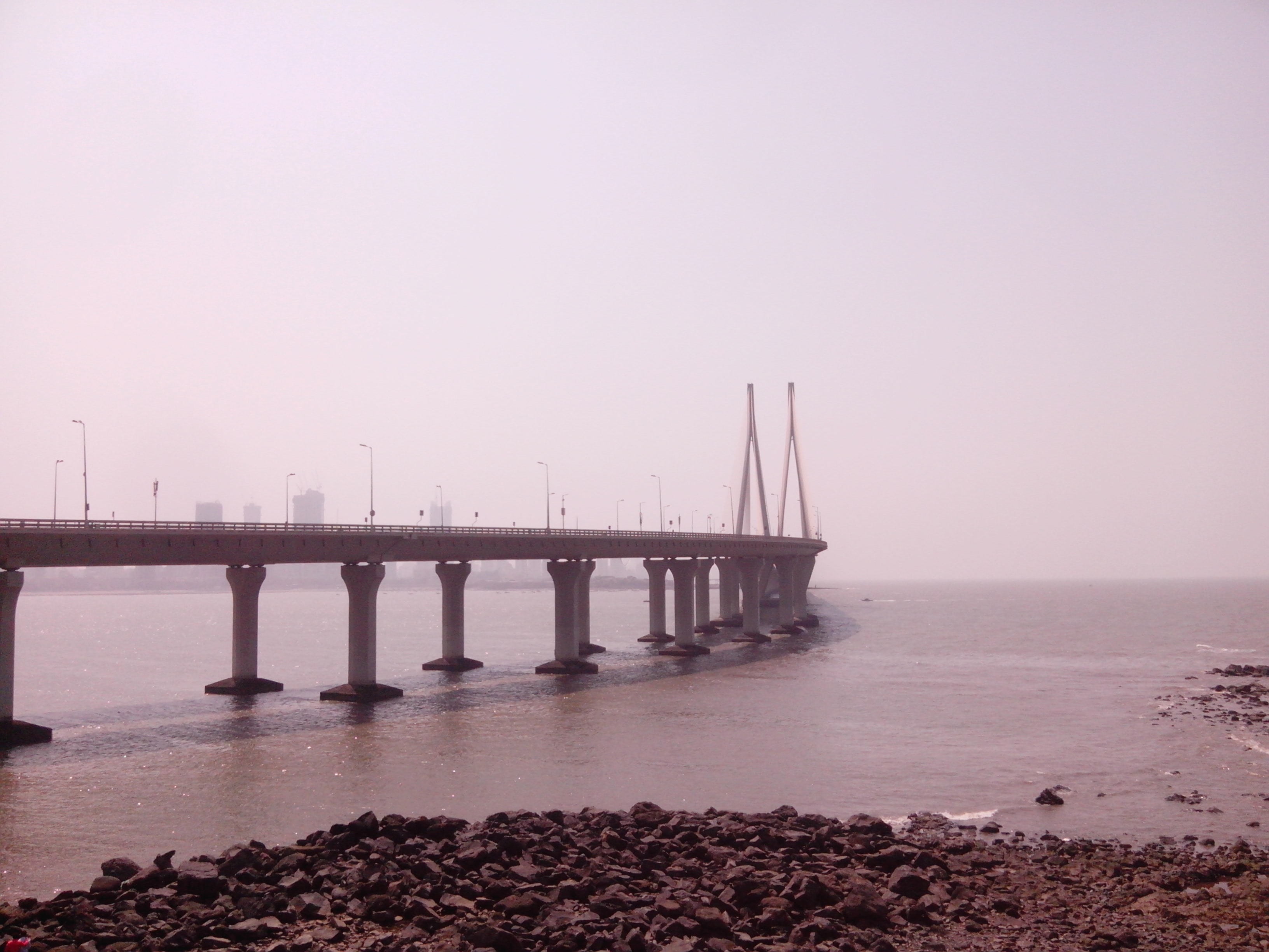 day, bridge, outdoors, sky, copy space, built structure, bandra worli sea link, beach, clear sky, sea, no people, sea link, mumbai, architecture, beauty in nature, HD Wallpaper