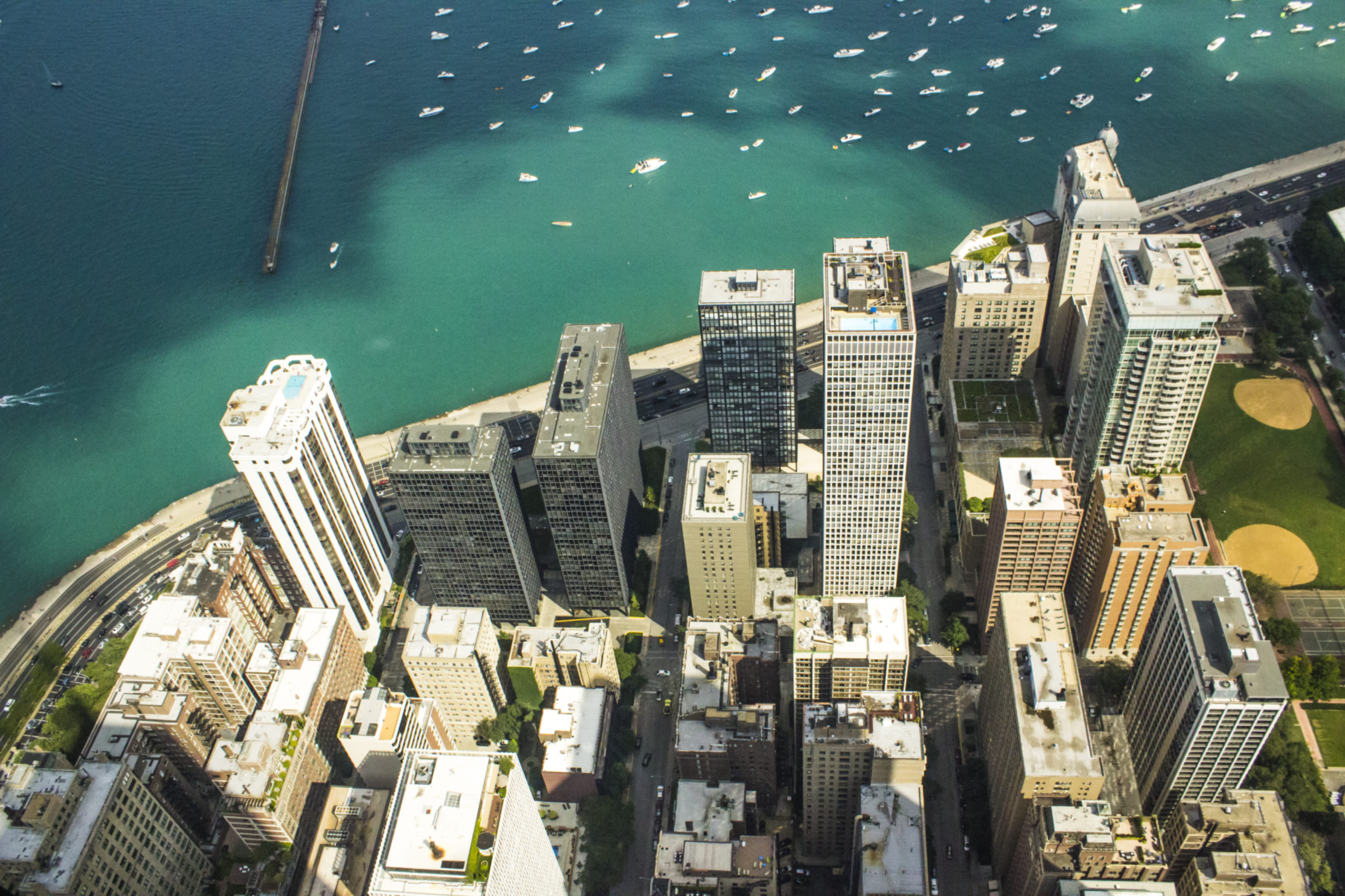 john hancock tower, architecture, aerial view, 5K, blue, chicago, building, united states, sky, built structure, john hancock, buildings, high angle view, HD Wallpaper