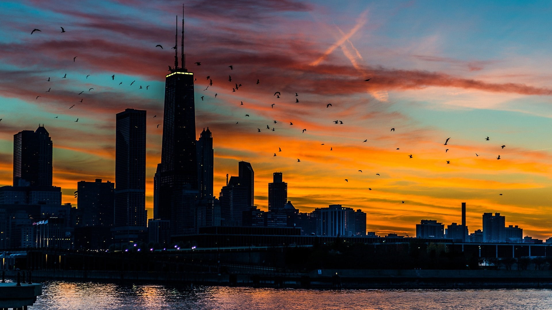 sunset, skyscraper, tall - high, john hancock center, office building exterior, spire, architecture, building, sky, 1080P, chicago, no people, river, outdoors, HD Wallpaper