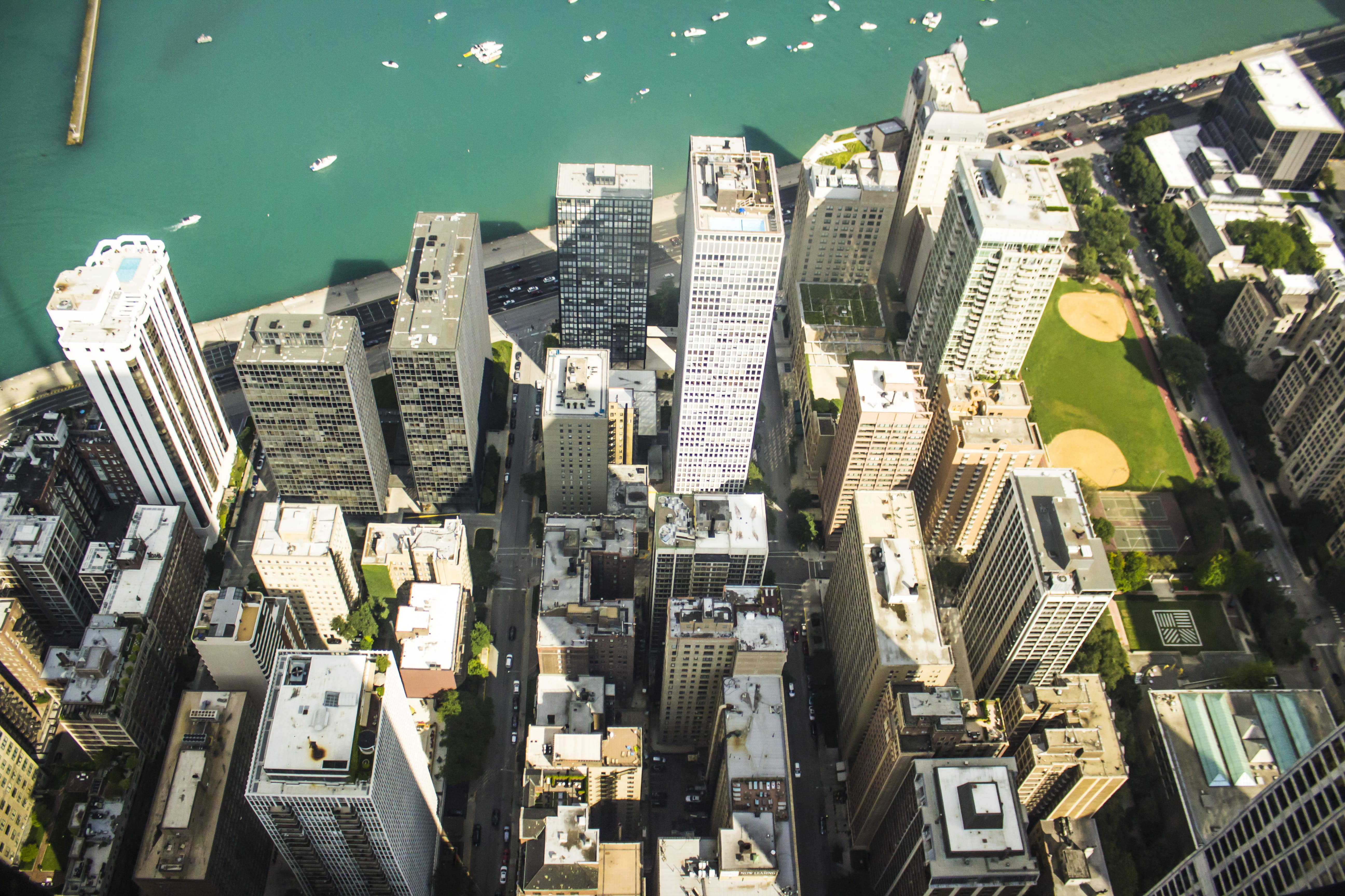downtown, building, metropolis, cityscape, architecture, residential district, road, high angle view, built structure, water, skyscraper, tower, outdoors, HD Wallpaper