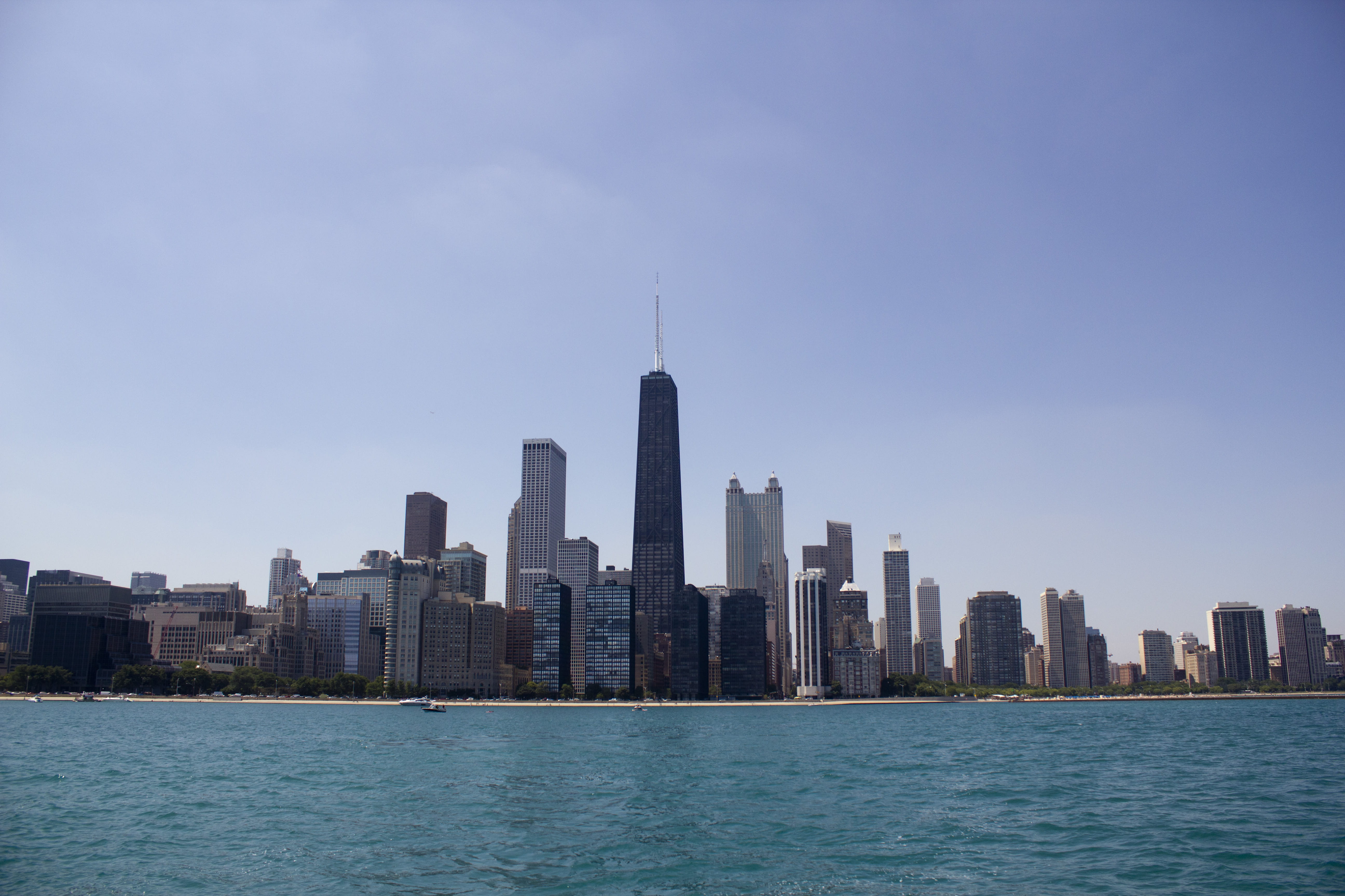 lake michigan, city, no people, outdoors, office, architecture, shoreline, lake, office building exterior, spire, cityscape, landscape, chicago, financial district, HD Wallpaper