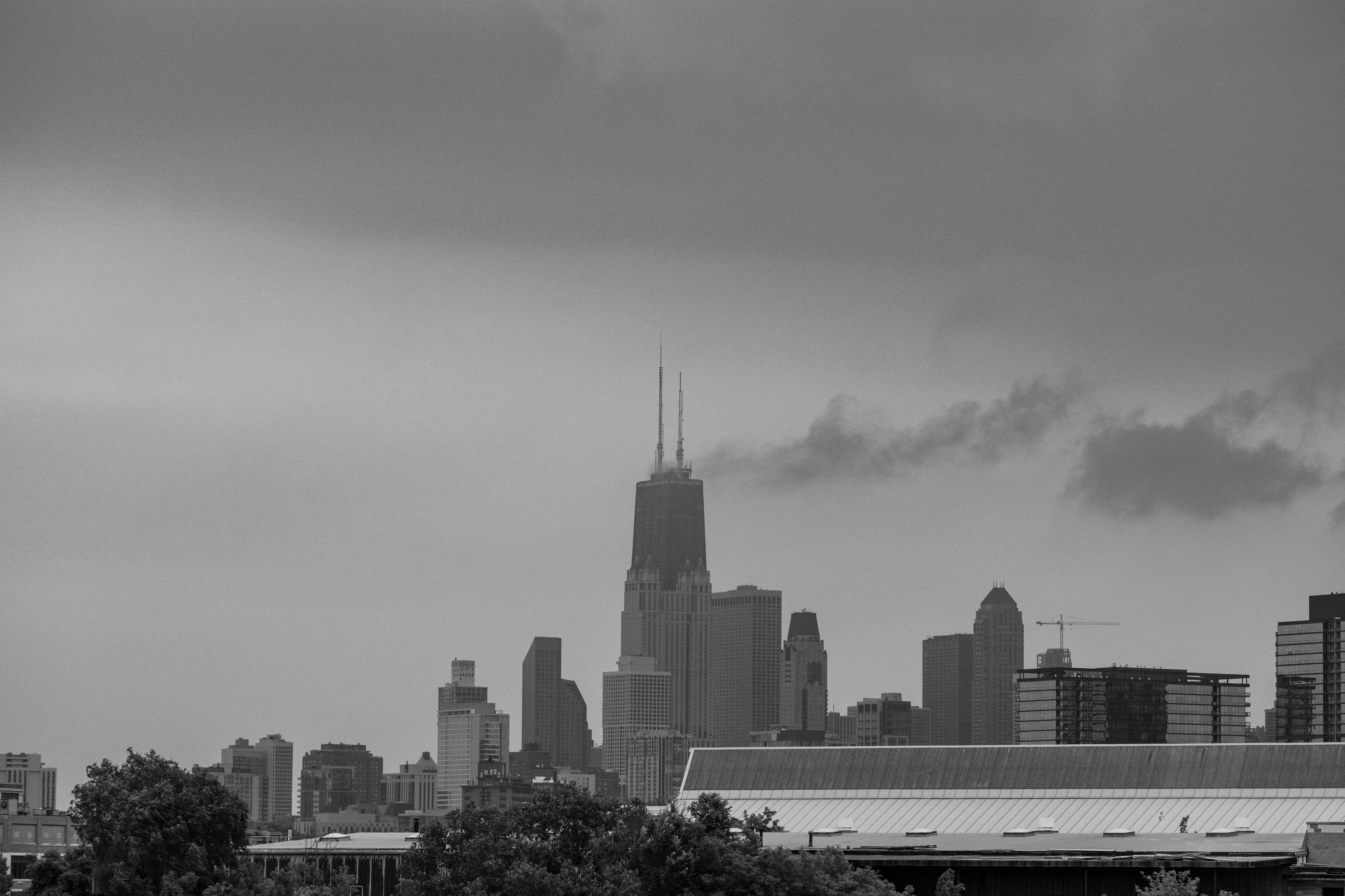 building, smoke, copy space, building exterior, modern, architecture, 5K, financial district, outdoors, travel destinations, hancock, cityscape, no people, HD Wallpaper