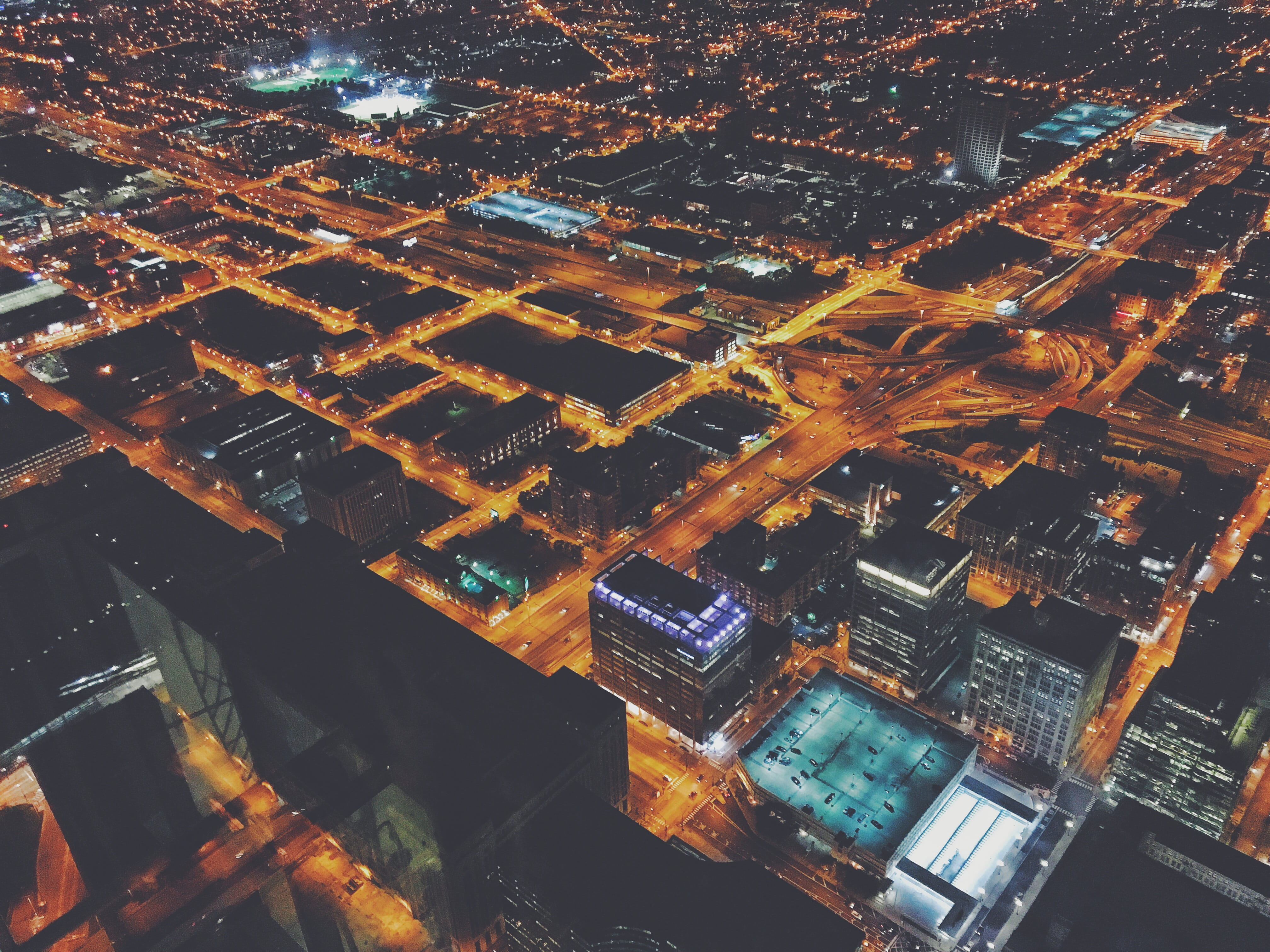 outdoors, 4K, residential district, night, willis tower, illinois, united states, lighthouse, aerial view, architecture, road, illuminated, city map, cityscape, HD Wallpaper