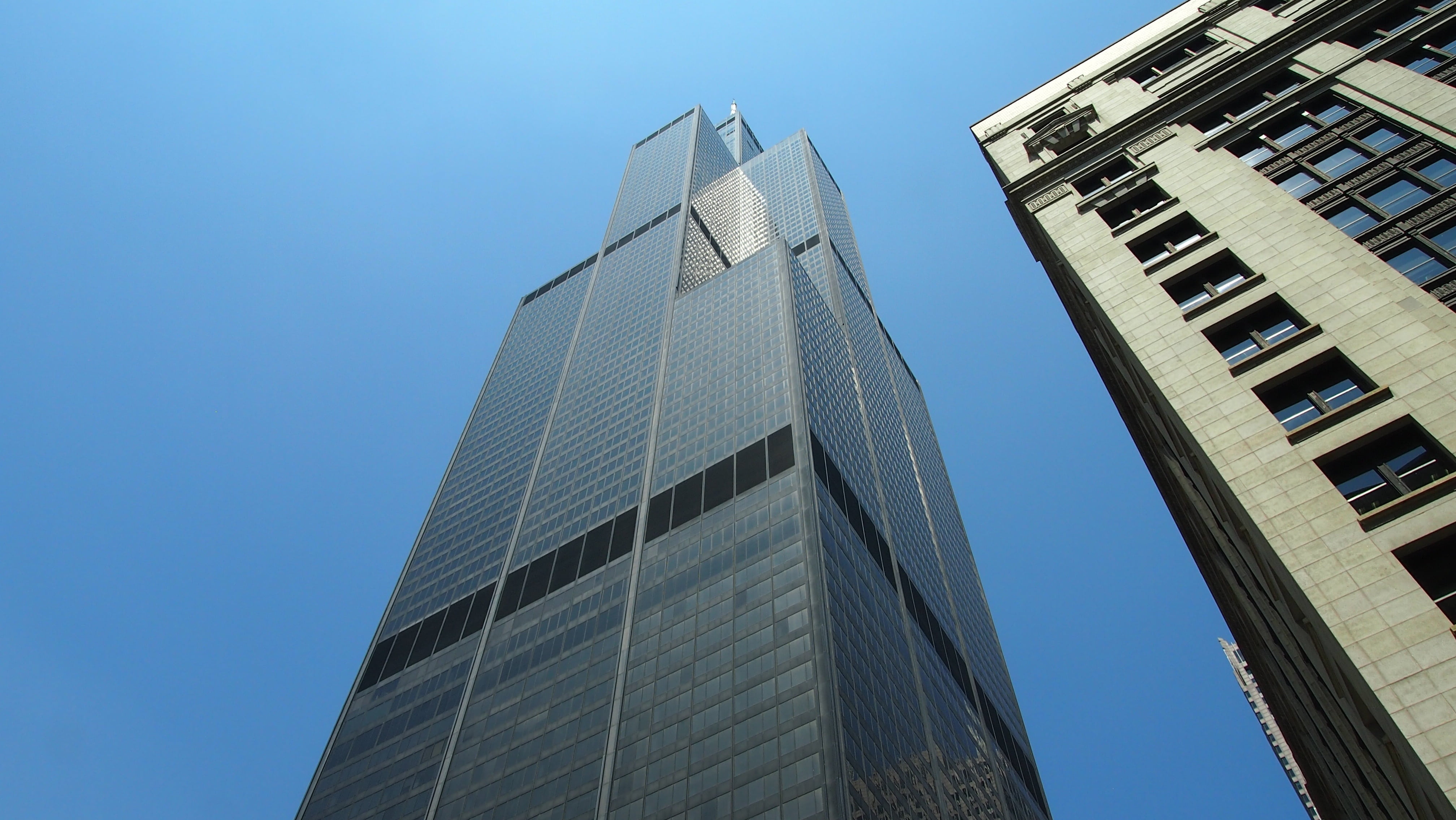 financial district, clear sky, glass - material, modern, building, 4K, nature, sears tower, building exterior, america, big city, built structure, skyscraper, HD Wallpaper