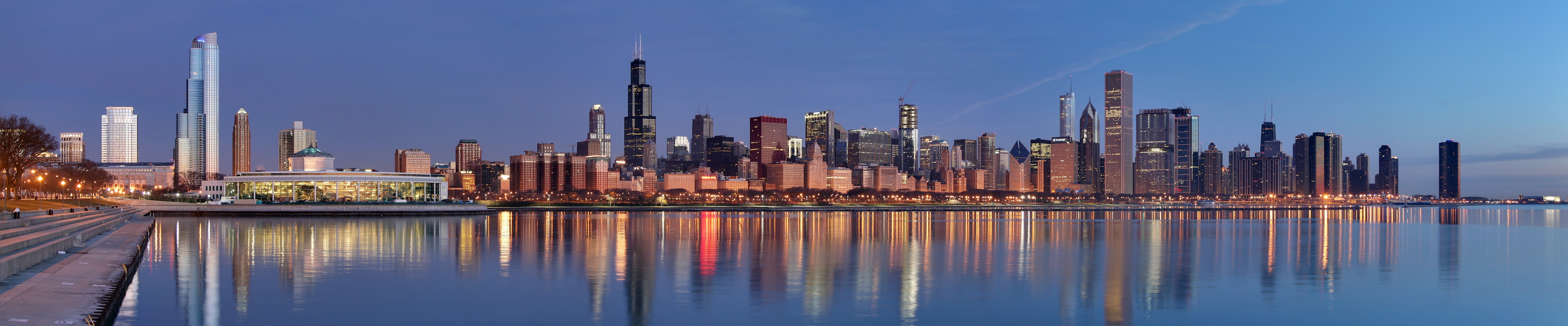 city lights, Sears Tower, triple screen, cityscape, Chicago, 5K, city, HD Wallpaper