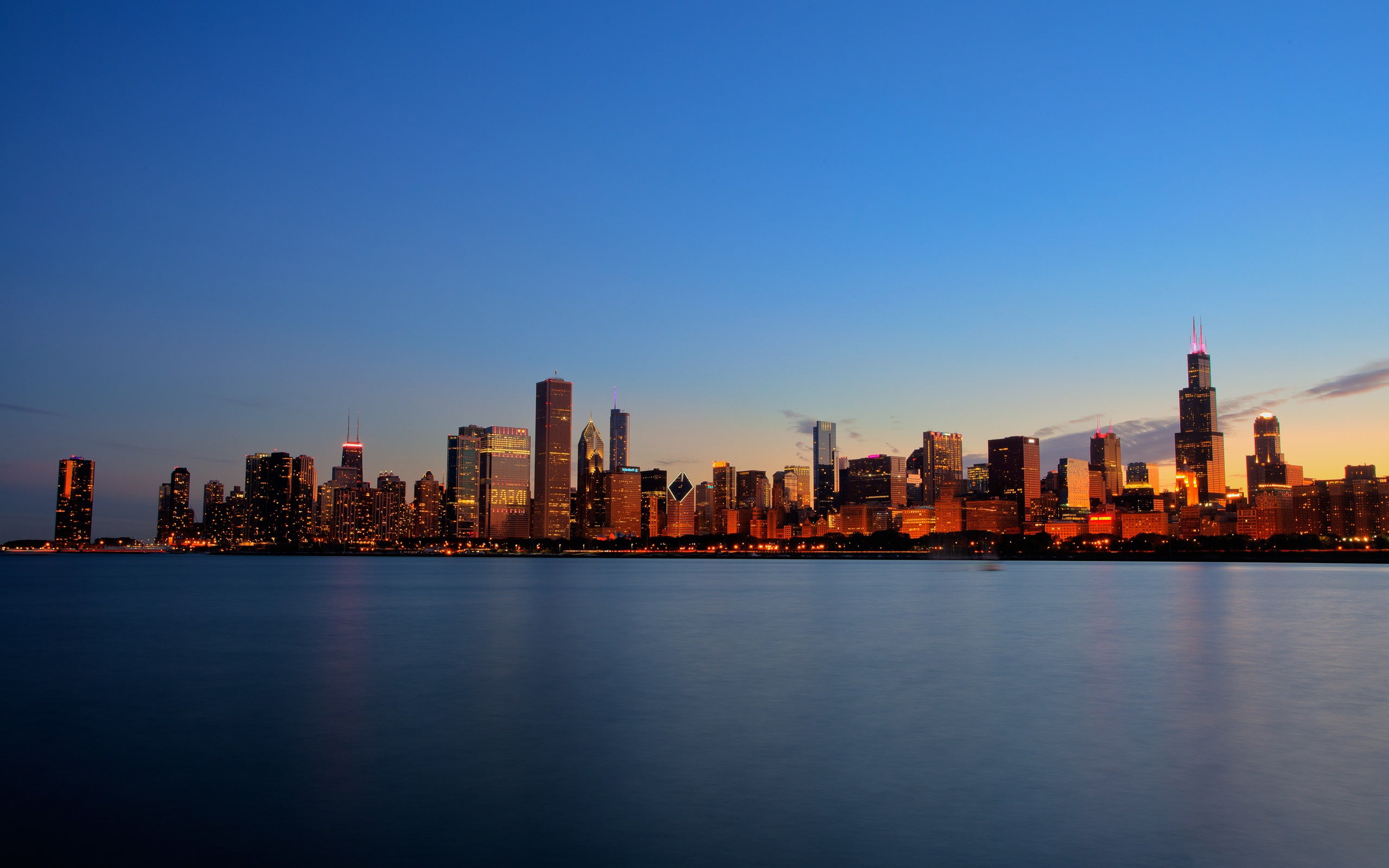 2K, dusk, Chicago, Sears Tower, cityscape, skyscraper, city, city lights, HD Wallpaper