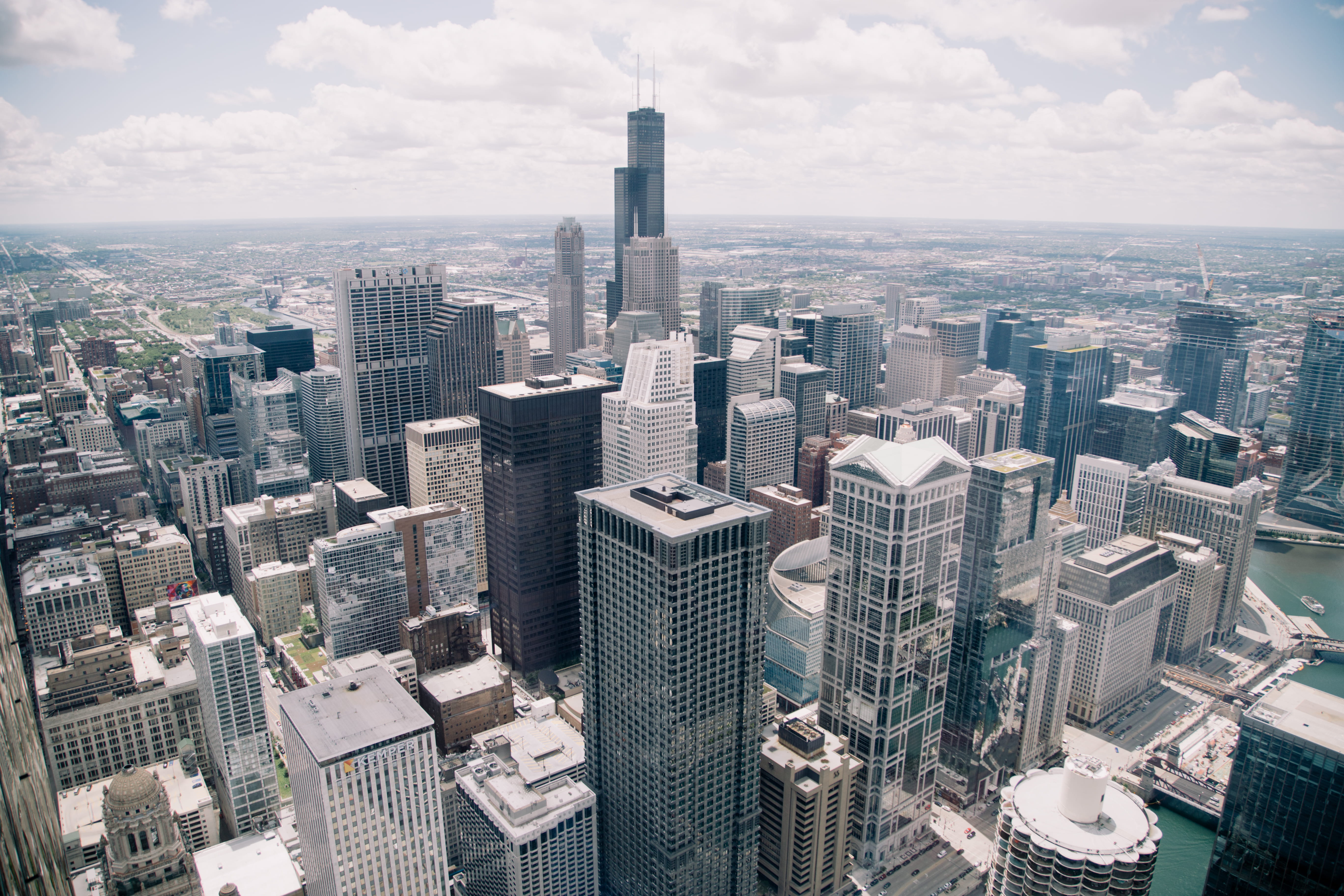 spire, built structure, geometric, office building exterior, tower, high angle view, crowd, white, buildings, clouds, metropoli, outdoors, day, rise, cityscape, HD Wallpaper