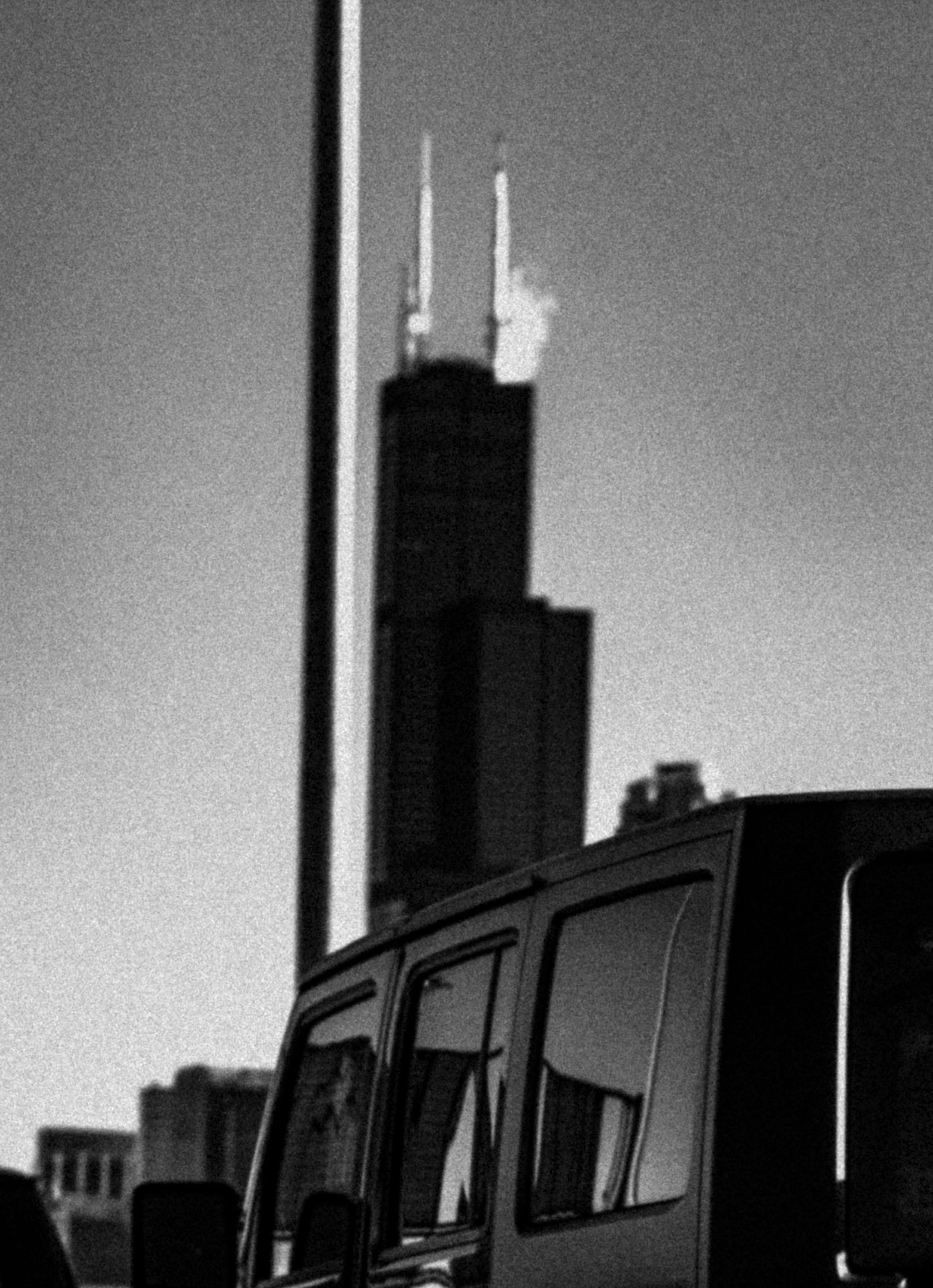 smoke stack, tall - high, clear sky, built structure, driving, rail transportation, outdoors, black and white, motion, sears tower, transportation, no people, Phone HD Wallpaper