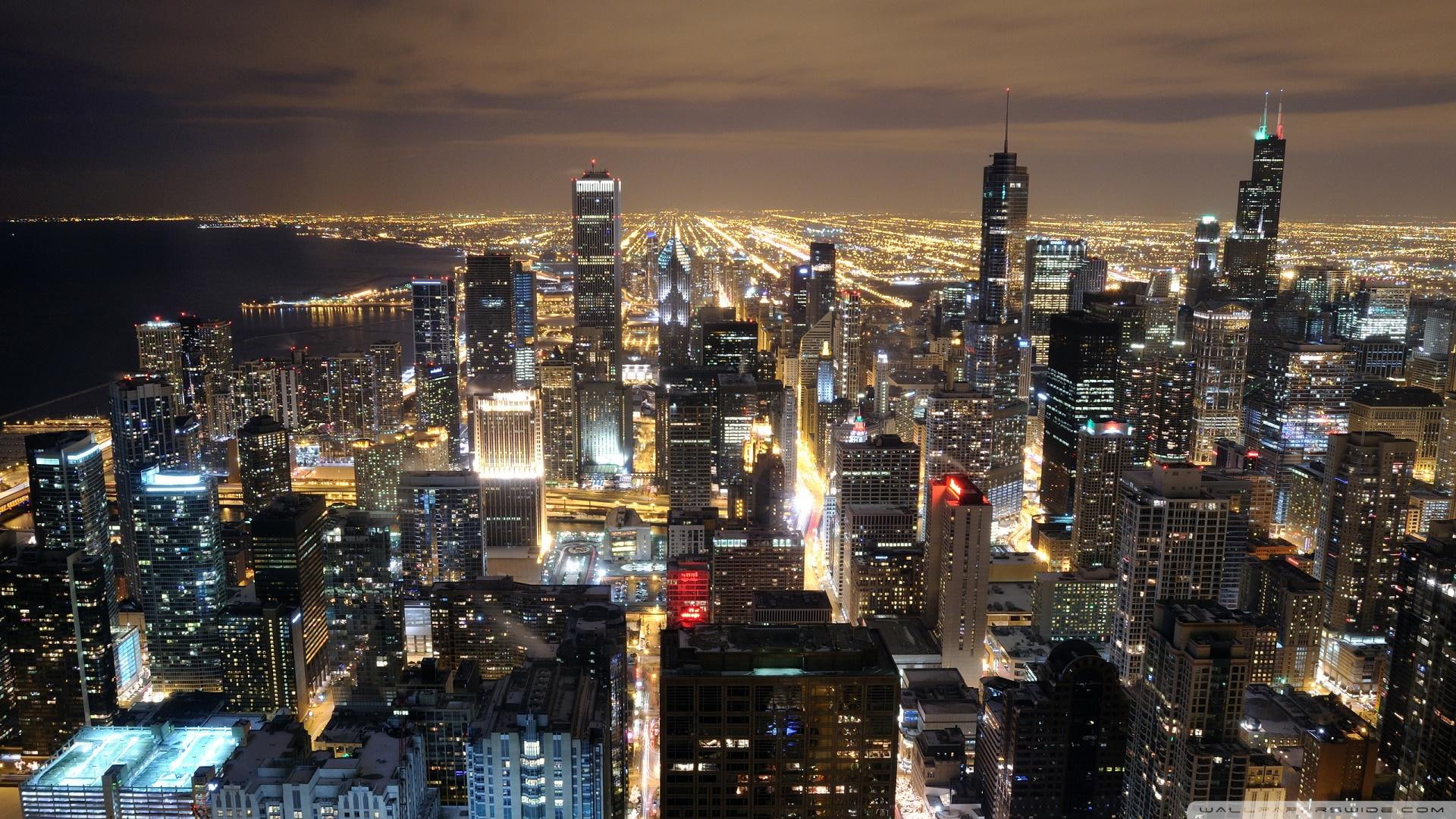 chicago, lake, city, skyline, nature and landscapes, beautiful, 1080P, skyscrapers, night, lights, HD Wallpaper