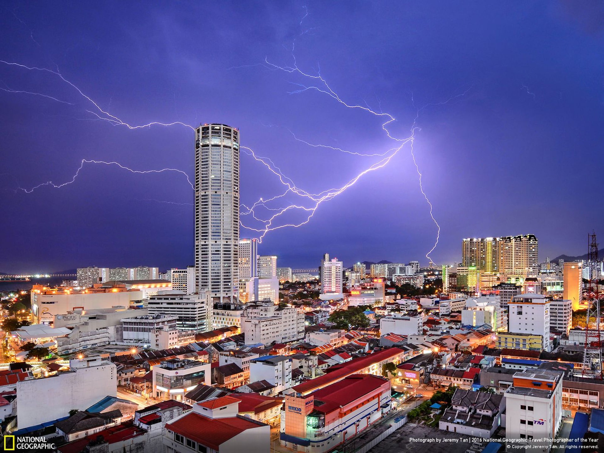 gray, pinang, building, office building exterior, malaysia, lightning, city, power in nature, skyscraper, landscape, concrete, pulau, 1080P, george, travel destinations, HD Wallpaper