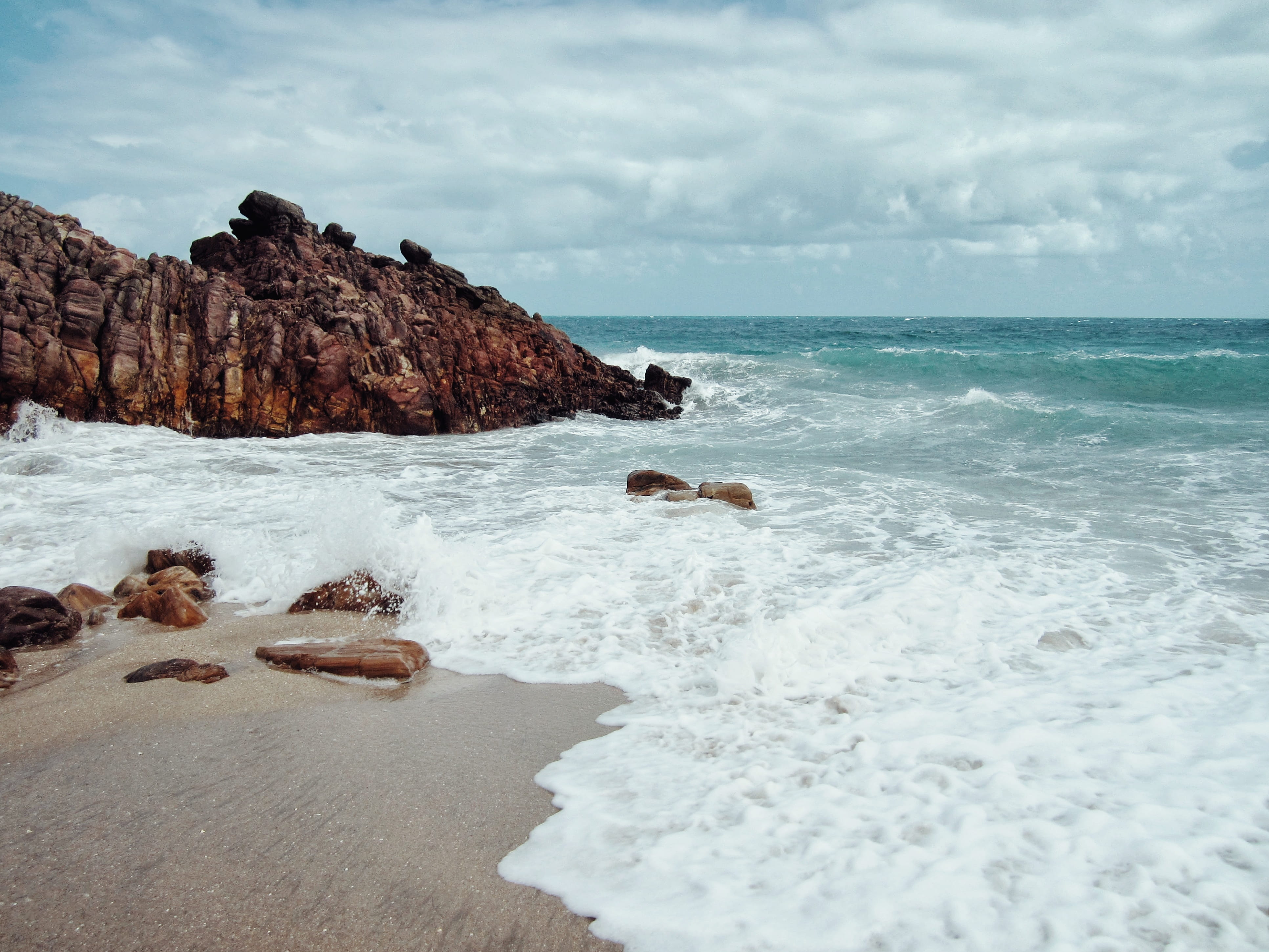 power in nature, water, breaking, 4K, peace, landscape, rock - object, aquatic sport, land, solid, beach, shore, travel, horizon over water, HD Wallpaper