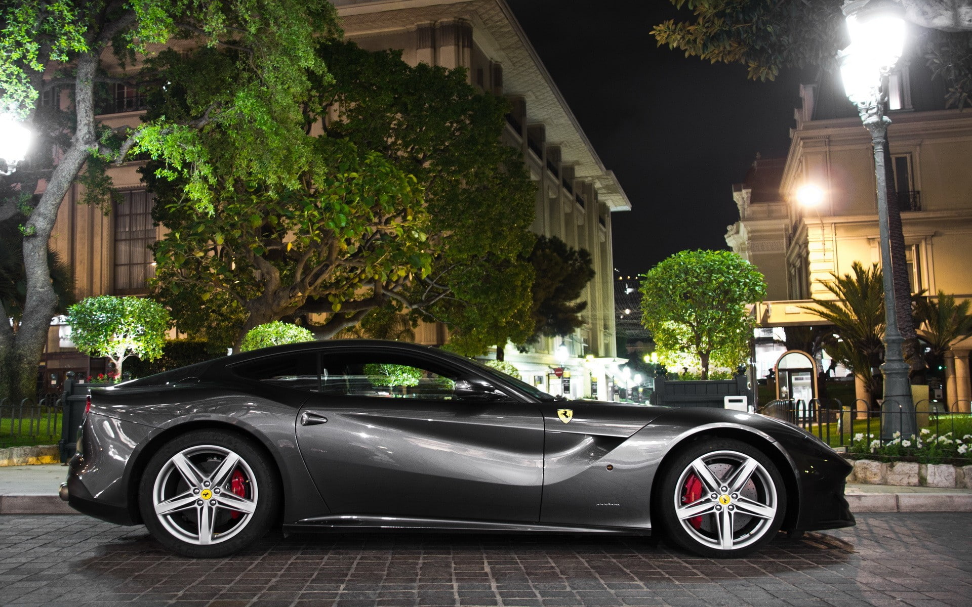 no people, outdoors, street, night, nature, motor vehicle, land vehicle, built structure, 1080P, illuminated, plant, architecture, building, Ferrari, luxury, HD Wallpaper