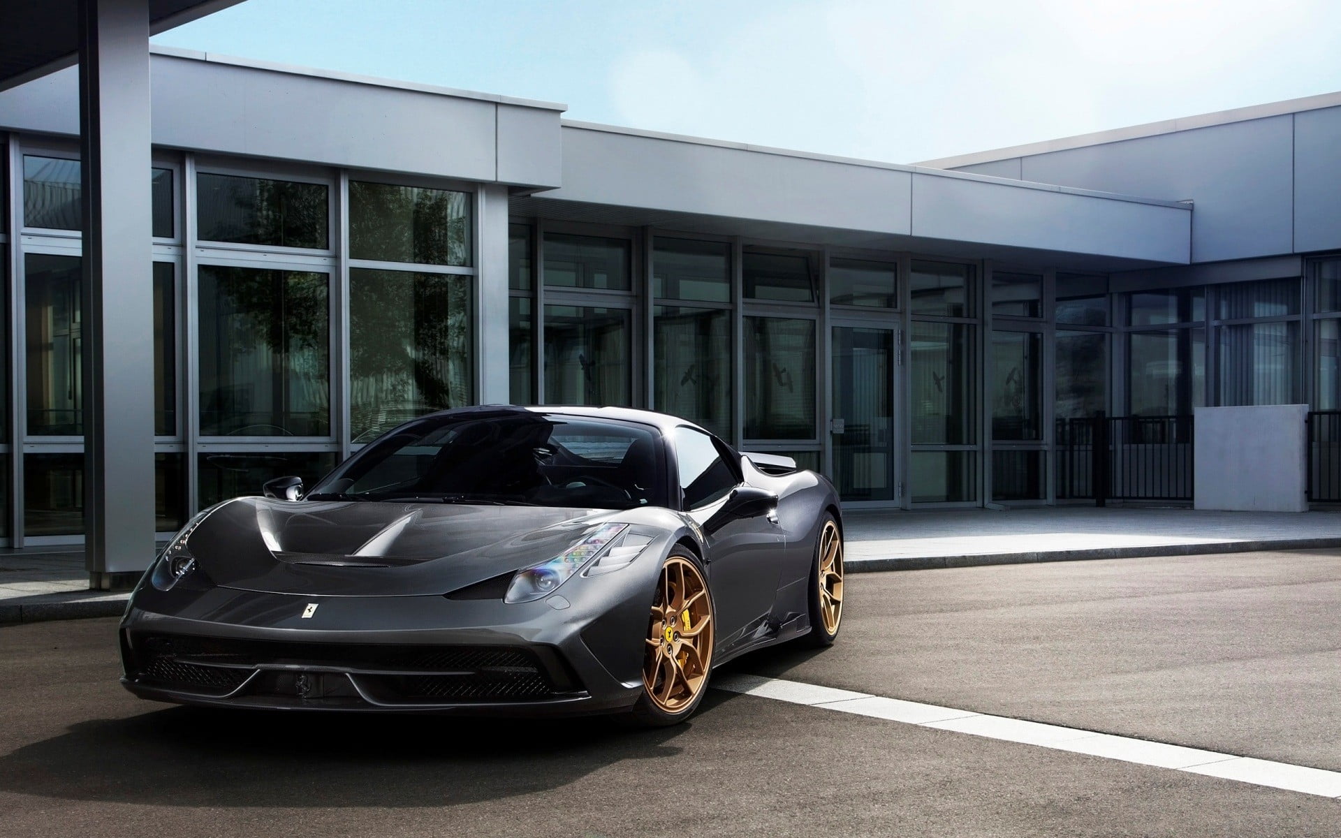 1080P, architecture, wealth, garage, glass - material, city, coupe, Ferrari 458 Speciale, built structure, luxury, mode of transportation, sunlight, no people, HD Wallpaper
