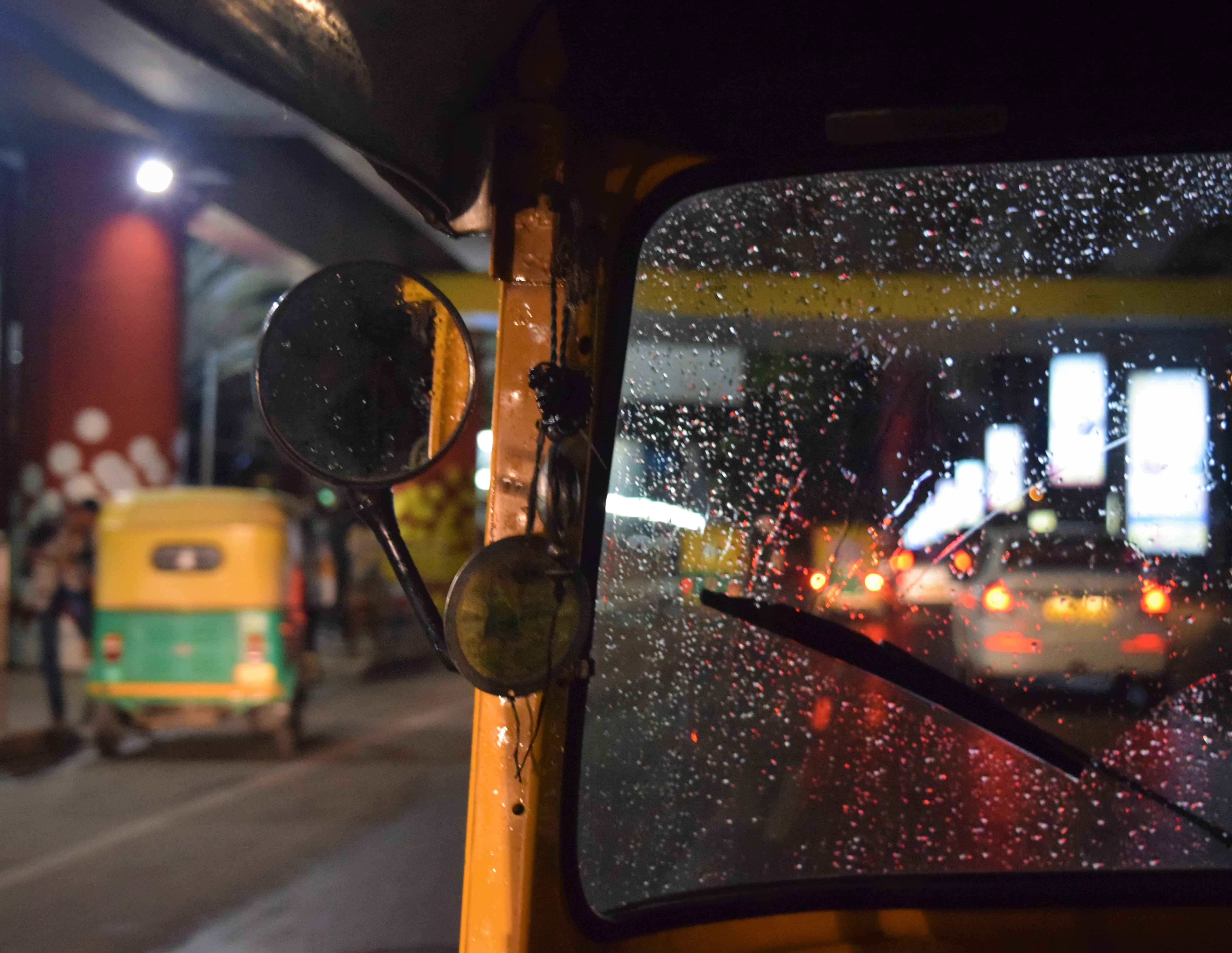 rain, auto, raindrop, transparent, night, drop, rainy season, india, street, transportation, illuminated, glass - material, bengaluru, land vehicle, 5K, HD Wallpaper