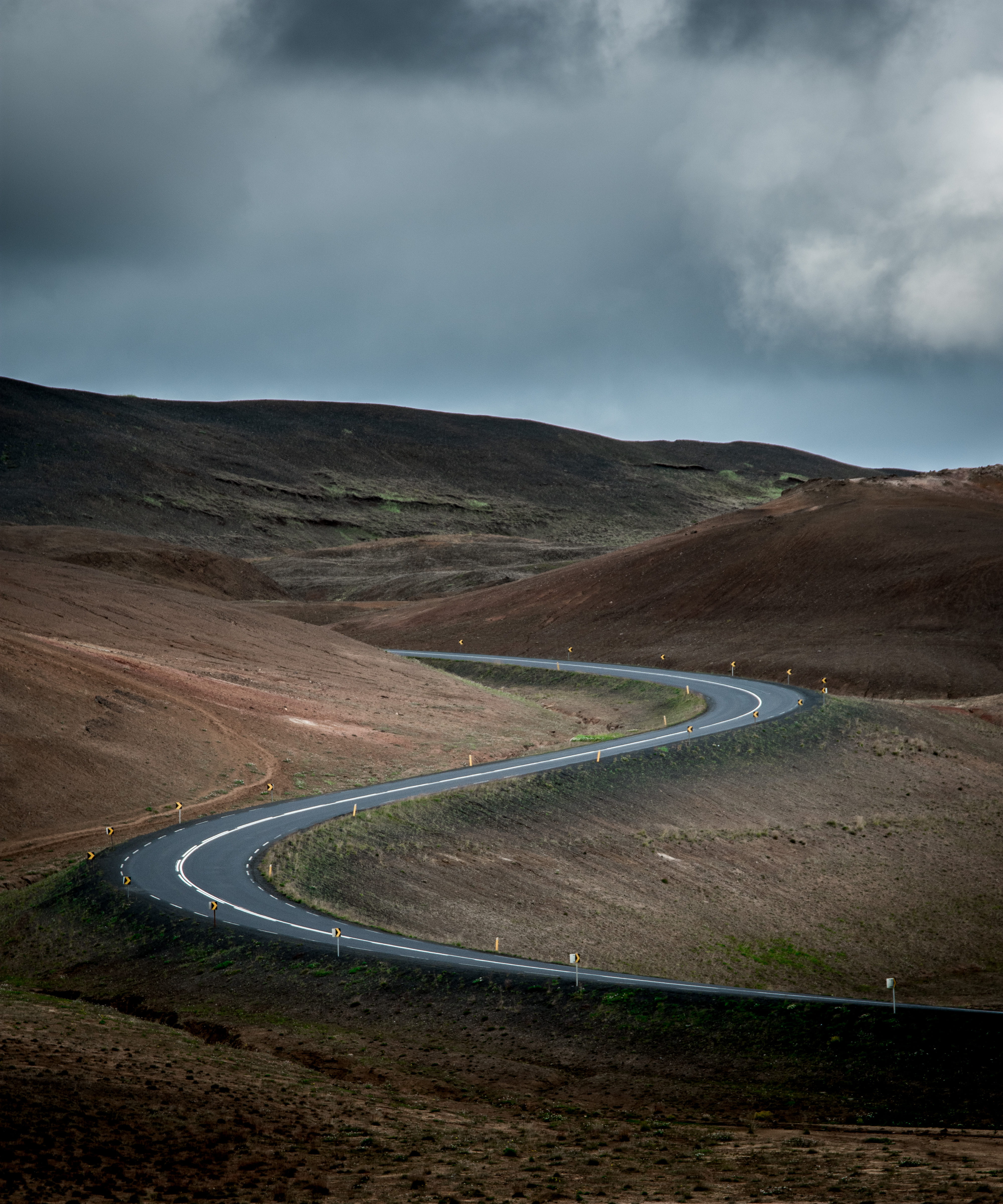 travel, curve, iceland, sign, blue, cloudscape, empty, asphalt, hill, outdoors, non-Urban Scene, scenics, rock, europe, curvy, winding Road, perspective, Phone HD Wallpaper