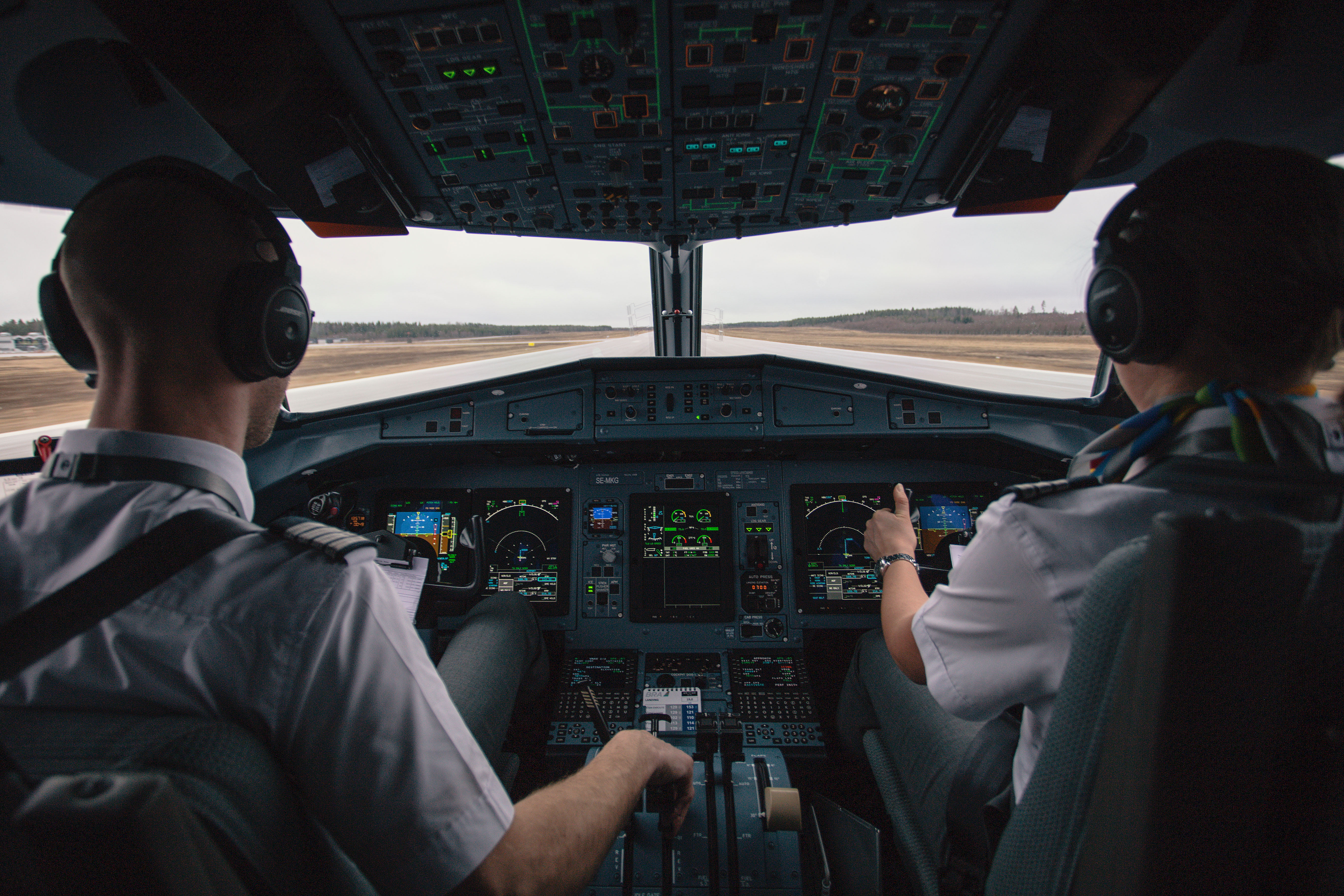 men, two people, transportation, commercial airplane, airport, cockpit, rear view, seats, runway, airplane, piloting, sitting, control, technology, air vehicle, HD Wallpaper