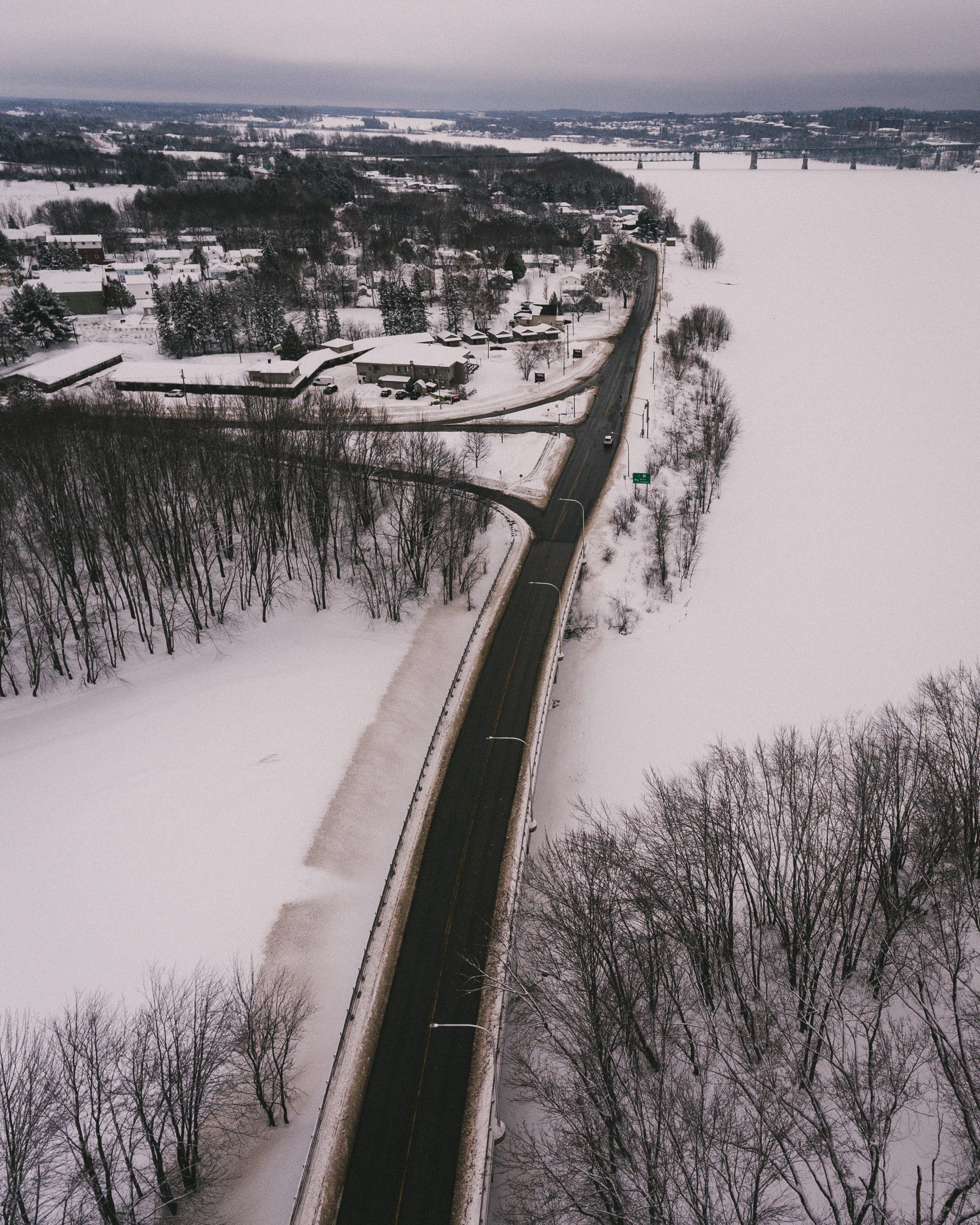 outdoors, sky, city, no people, architecture, high angle view, water, day, travel, transportation, building exterior, snow, trees, river, new brunswick, Phone HD Wallpaper