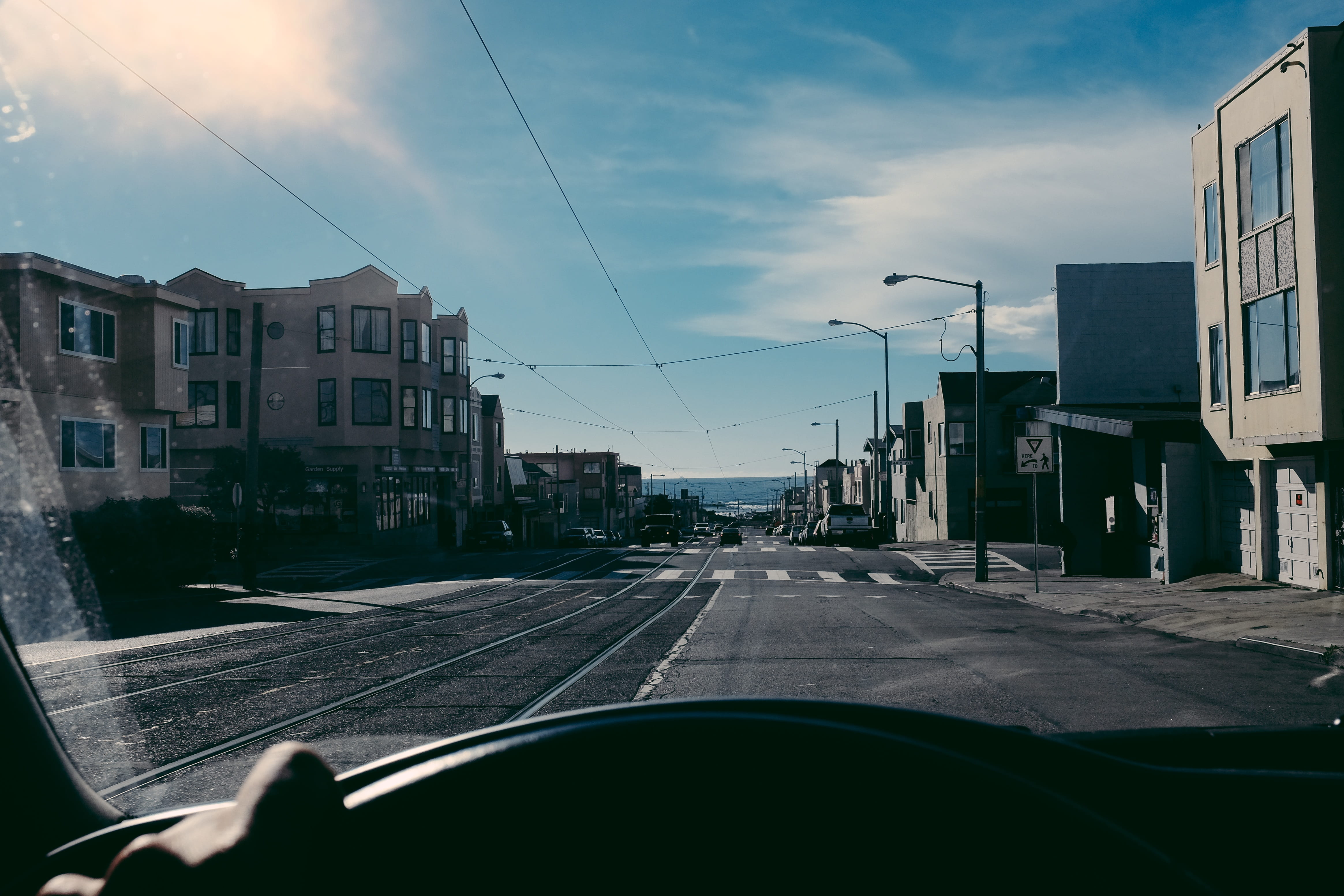 car point of view, built structure, transportation, building exterior, sky, transparent, motor vehicle, no people, car, cloud - sky, buildings, road, 4K, HD Wallpaper