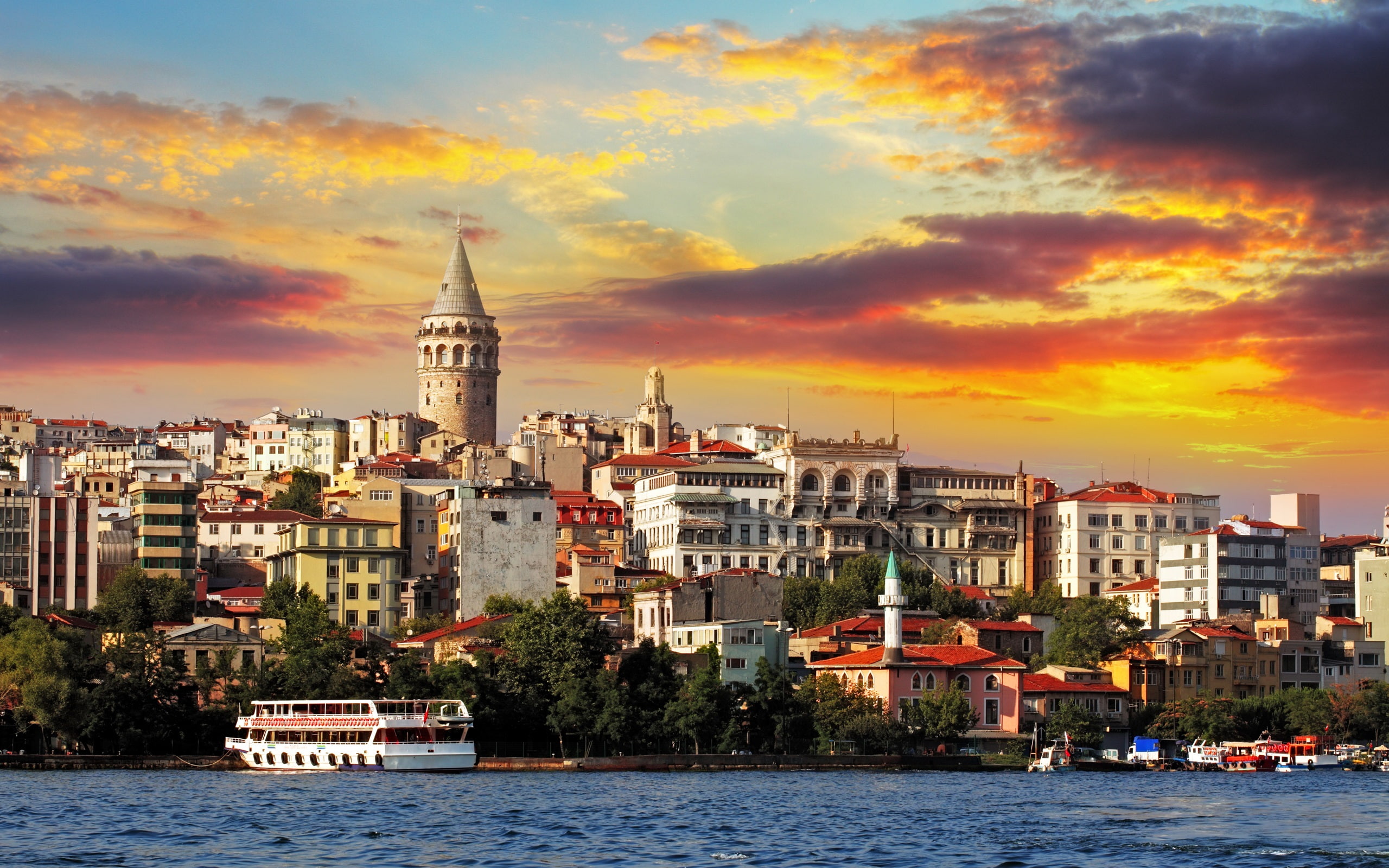 Boat, Turkey, Sea, Clouds, Istanbul, 2K, Buildings, Sunset, HD Wallpaper
