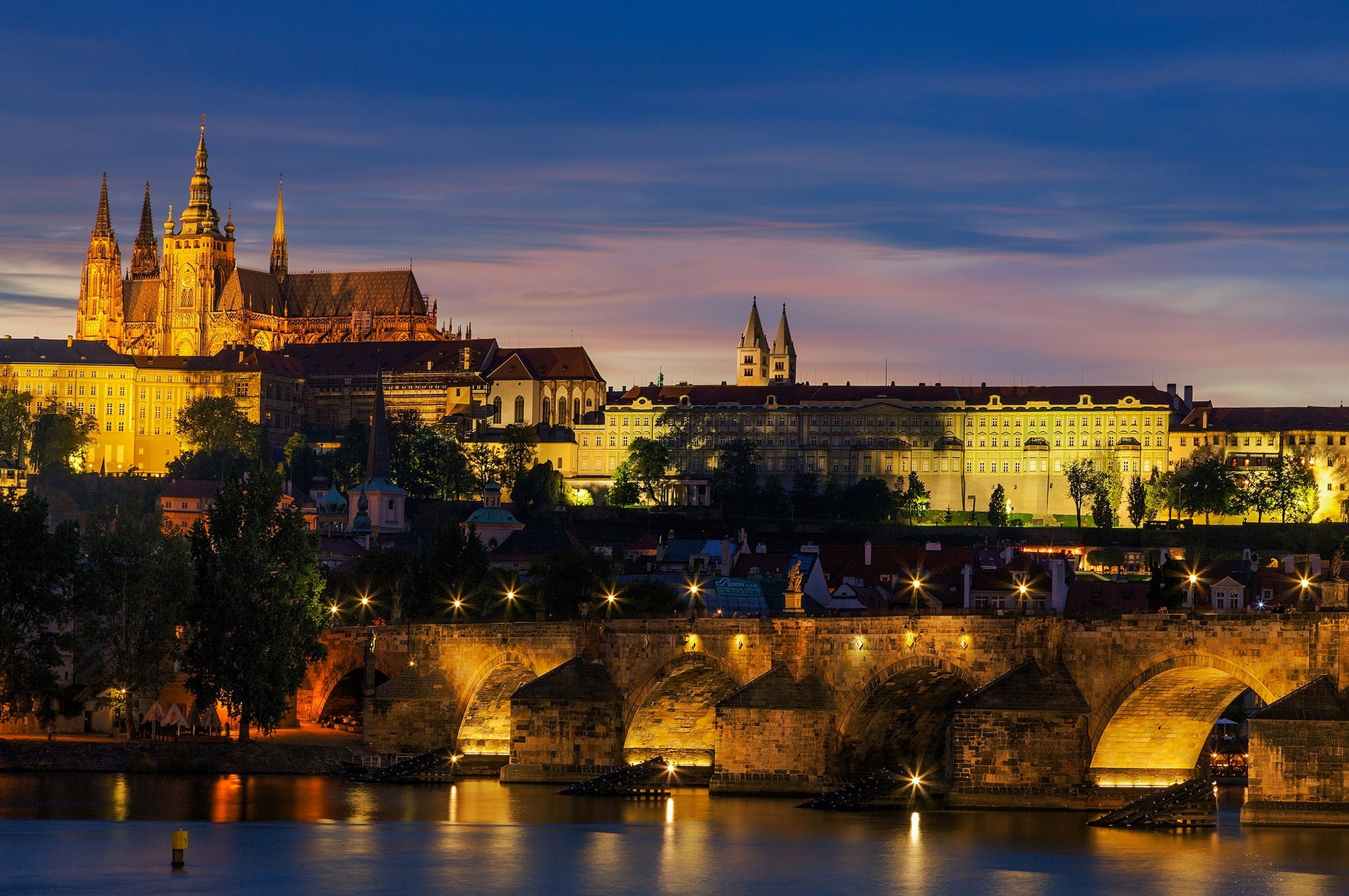 illuminated, Czech Republic, body, Charles bridge, Praha, Hradcany, no people, building, night, Hradčany, cityscape, nature, the past, lights, architecture, HD Wallpaper