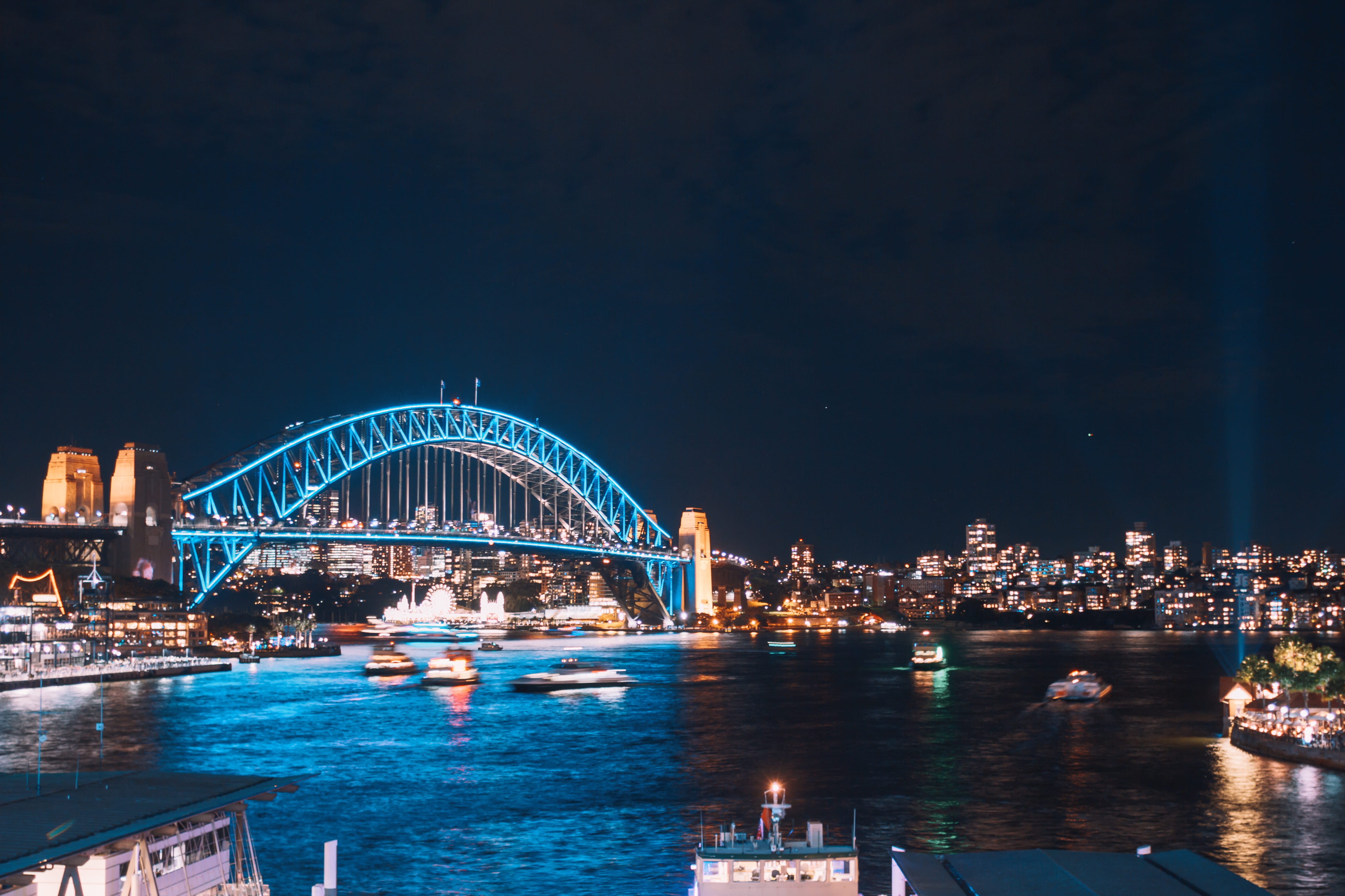 sydney, travel destinations, bridge, building, transportation, connection, building exterior, sky, blue, illuminated, built structure, nautical vessel, HD Wallpaper
